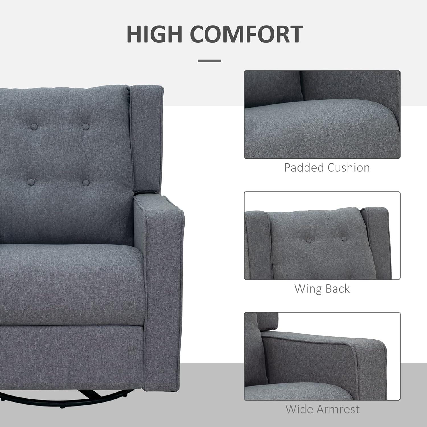 HOMCOM Wingback Recliner Chair Manual Rocking Sofa 360° Swivel Glider with Button Tufted, Padded Seat, Home Theater Seating for Living Room, Gray