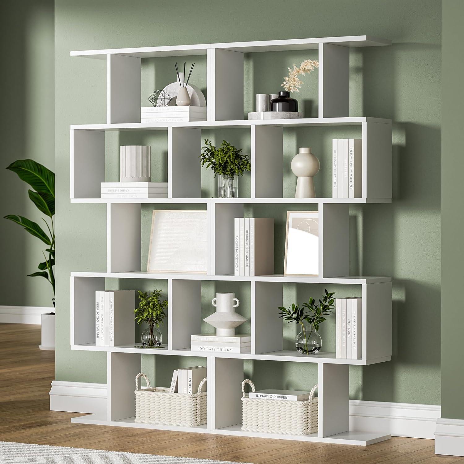 5-tier Geometric Bookcase, S-shaped Modern Bookshelf Set Of 2, 62.6" Tall Room Divider Book Shelf, Decorative Display Shelf (Set of 2)