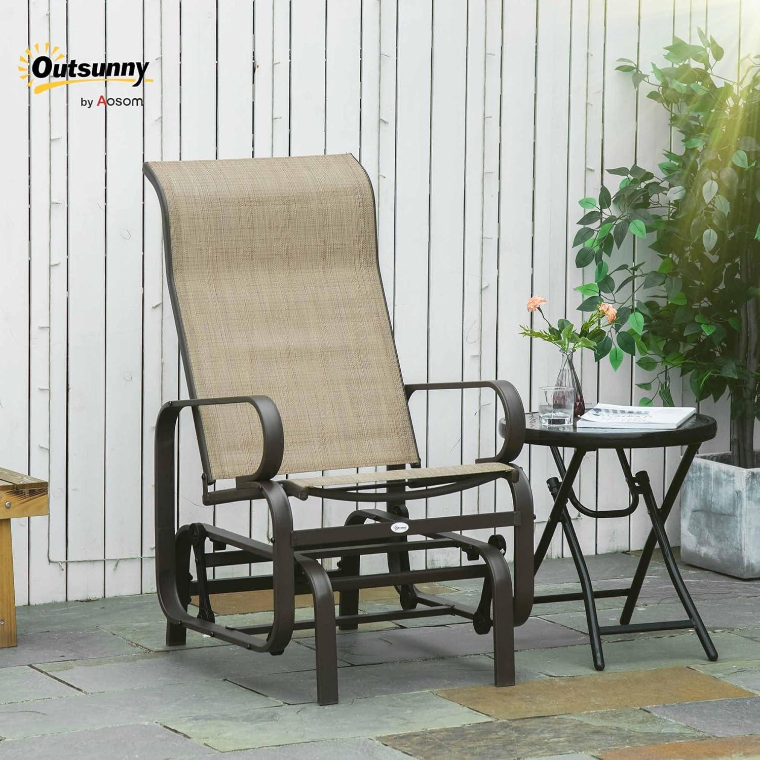 Tan Metal Outdoor Glider Chair with Mesh Fabric