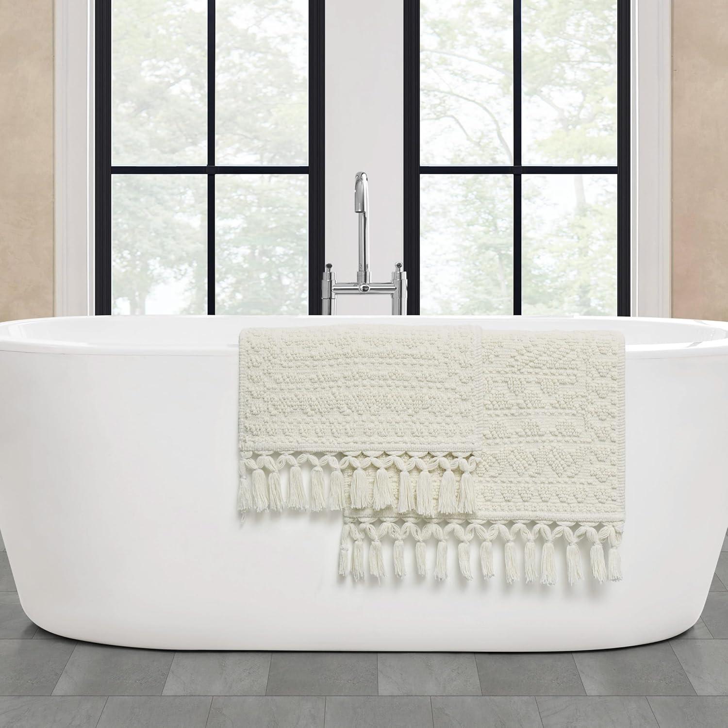 French Connection Nellore Bathroom Rugs, Set of 2 Woven and Beaded Bathroom Mats, Durable Bath Rugs, Thick Bath Mats for Bathroom and Shower Rugs, 17" x 28" and 20" x 38", Ivory