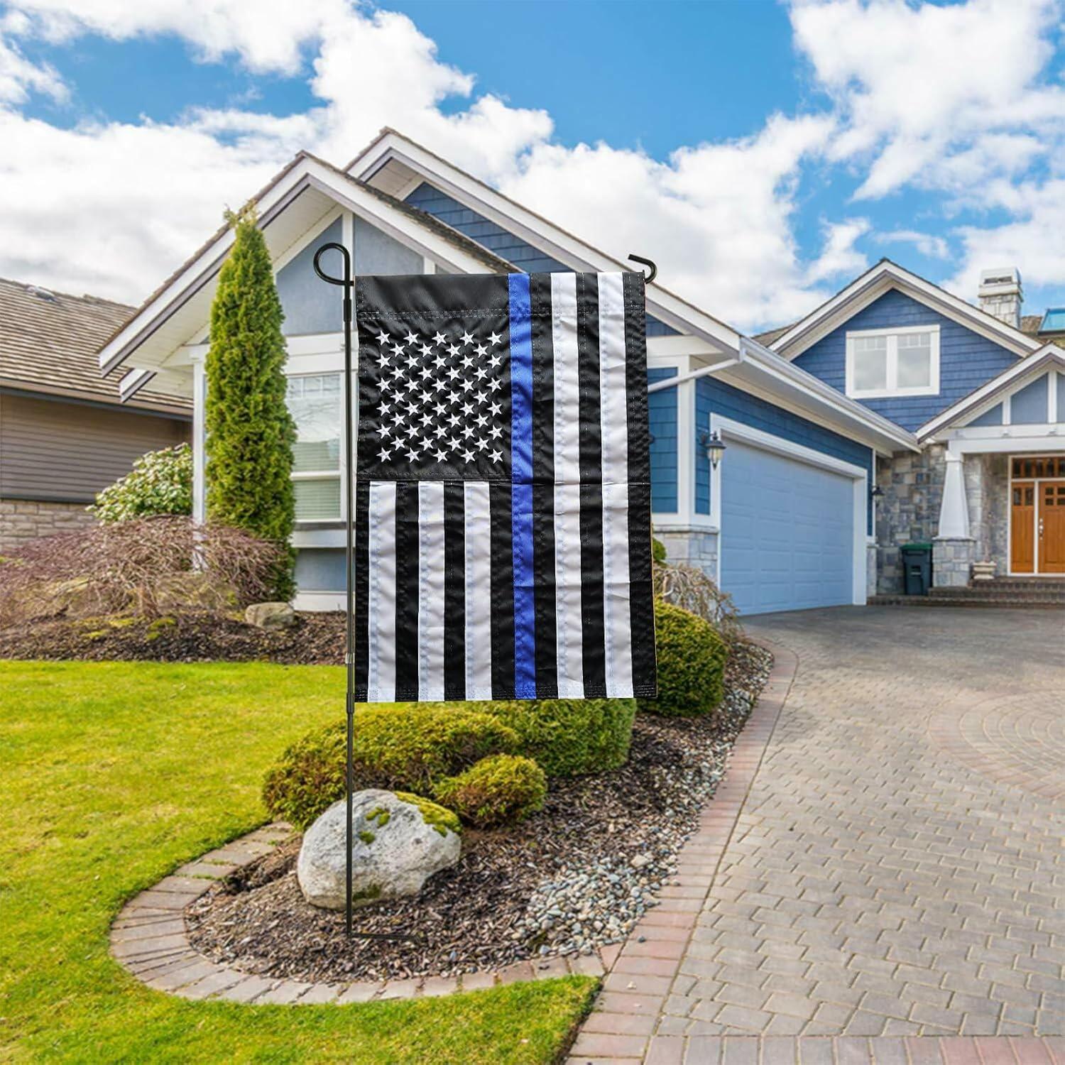 US Embroidered Thin Blue Line Garden Flag Double Sided 12x18 Inch American Police Yard Lawn Garden Flags Banner Heavy Duty Vivid Color