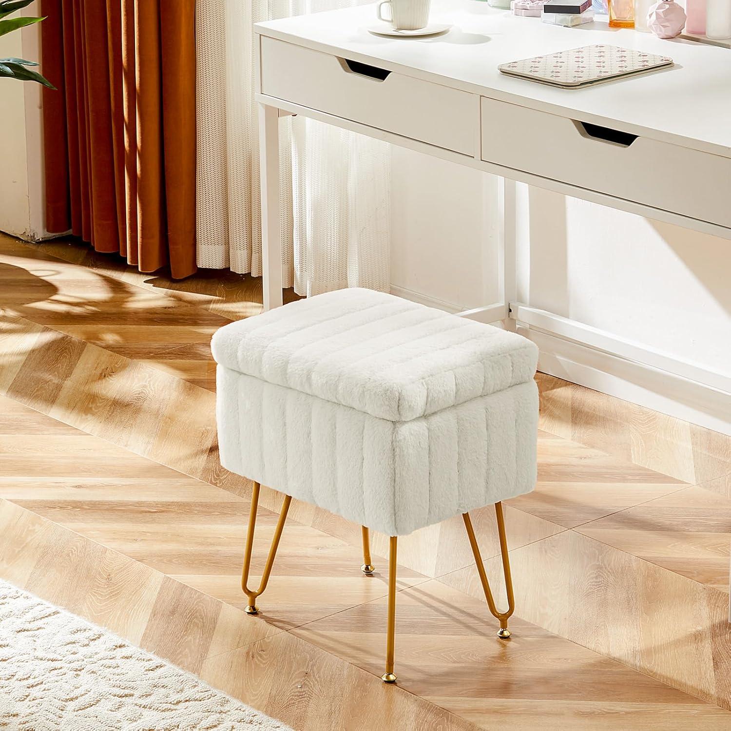 White Faux Fur Vanity Stool with Gold Metal Legs and Storage