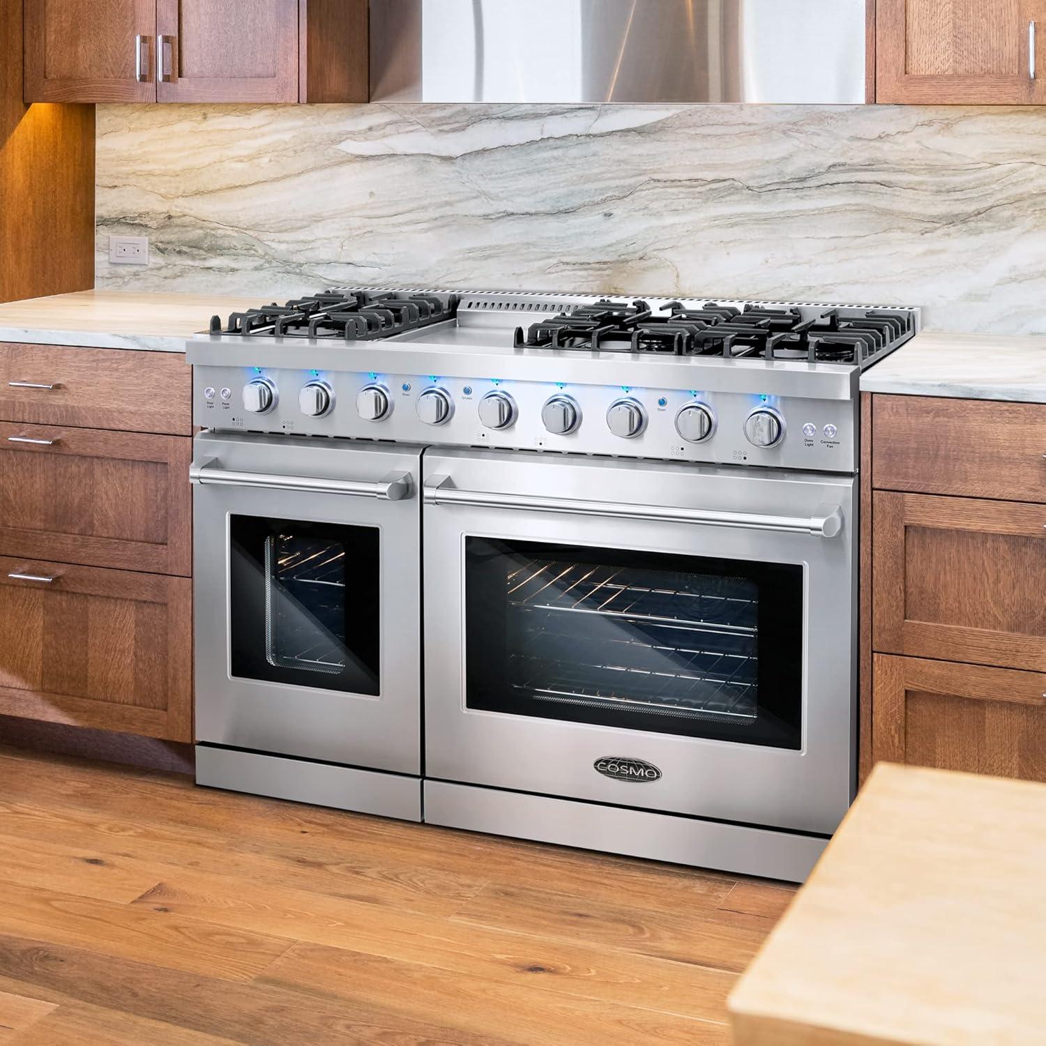 Cosmo 48 in. Haven Collection 7 cu. ft. Double Oven Gas Range, 6 Burners, Griddle, Convection, Knob LEDs, Stainless Steel