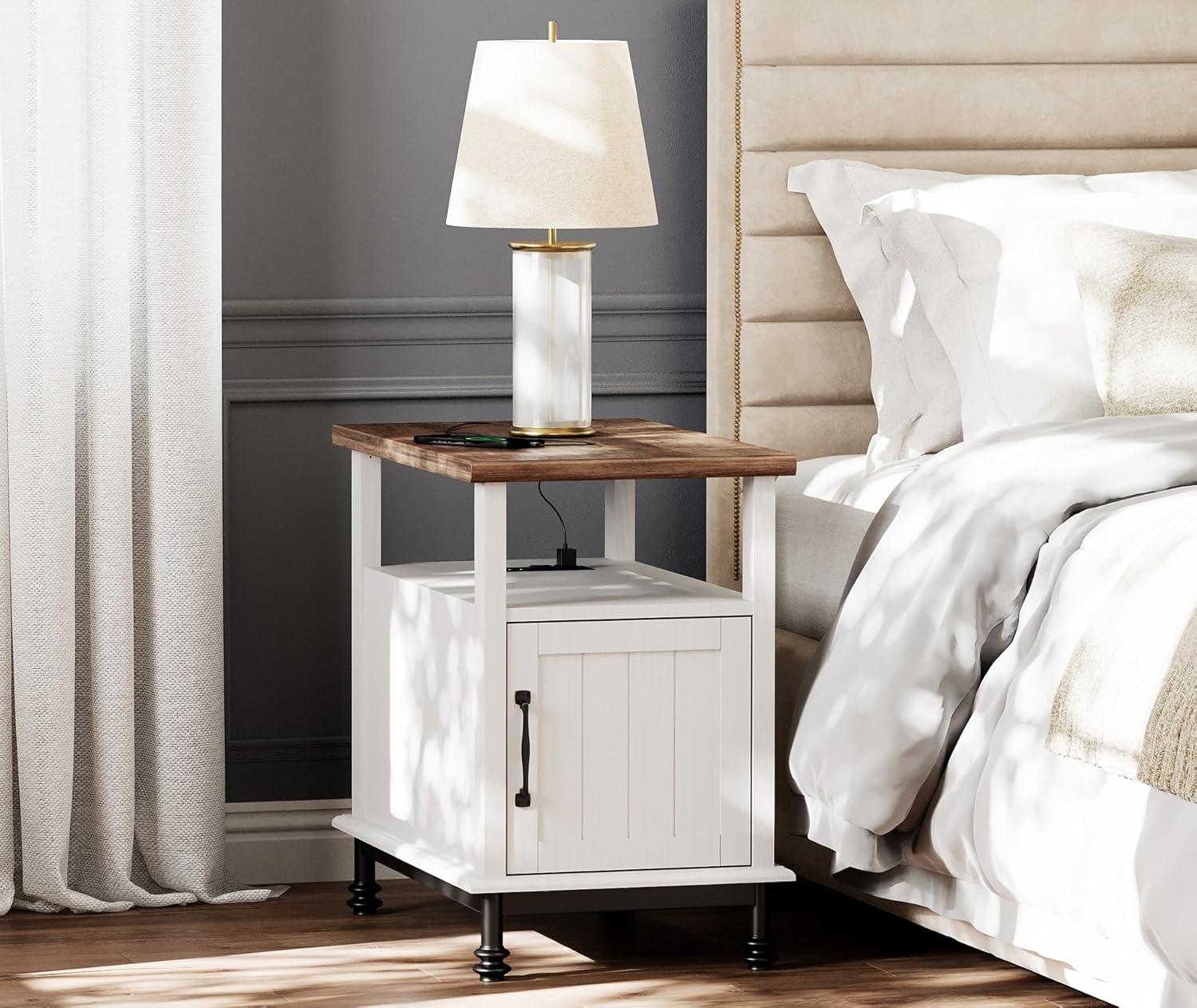 White and Brown Side Table with Charging Station and Storage Cabinet