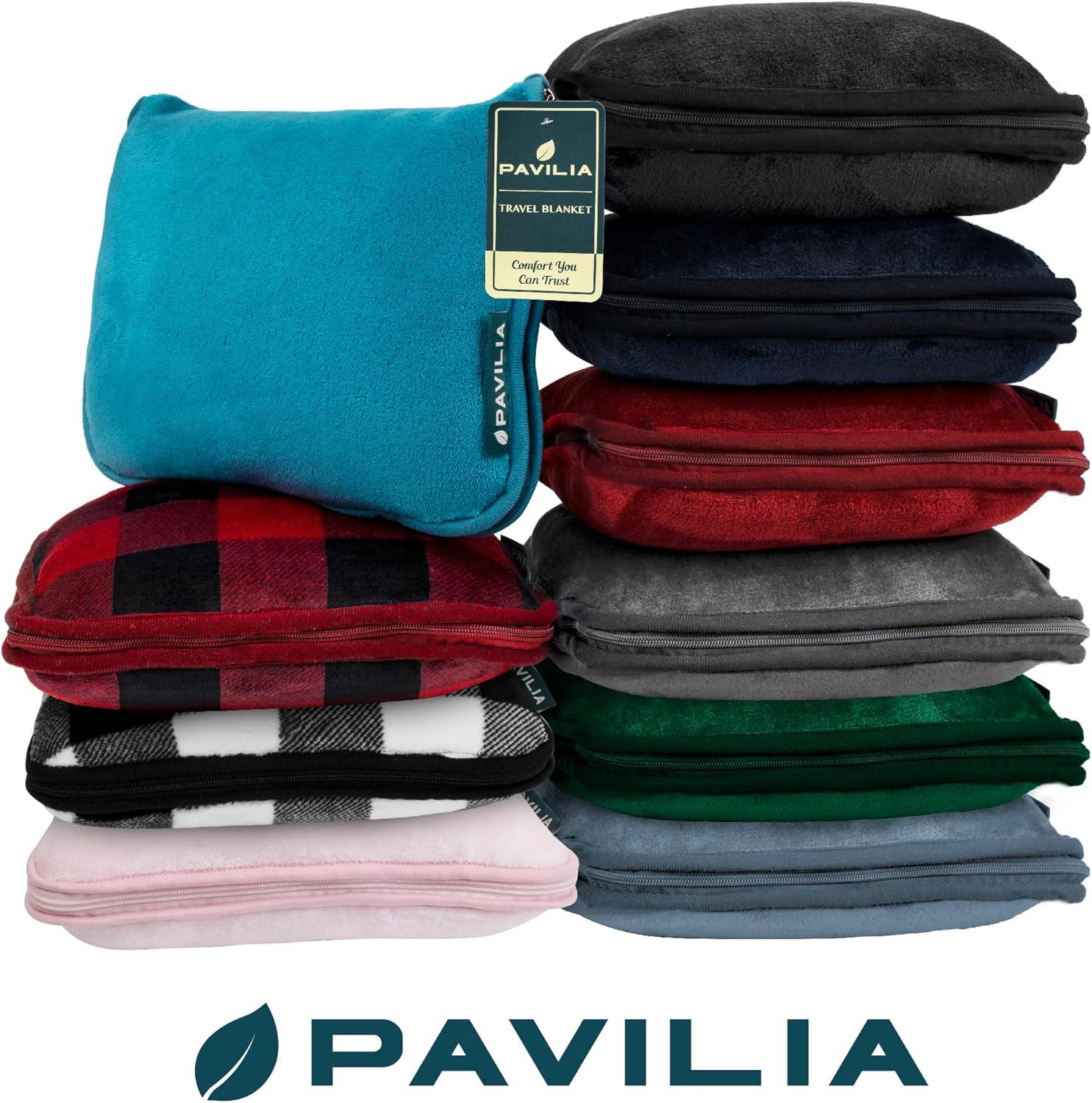 PAVILIA Travel Blanket and Pillow, Warm Soft Fleece 2-IN-1 Combo Large Compact Set for Airplane Camping Car Trips (Black, 60 x 43 inches)