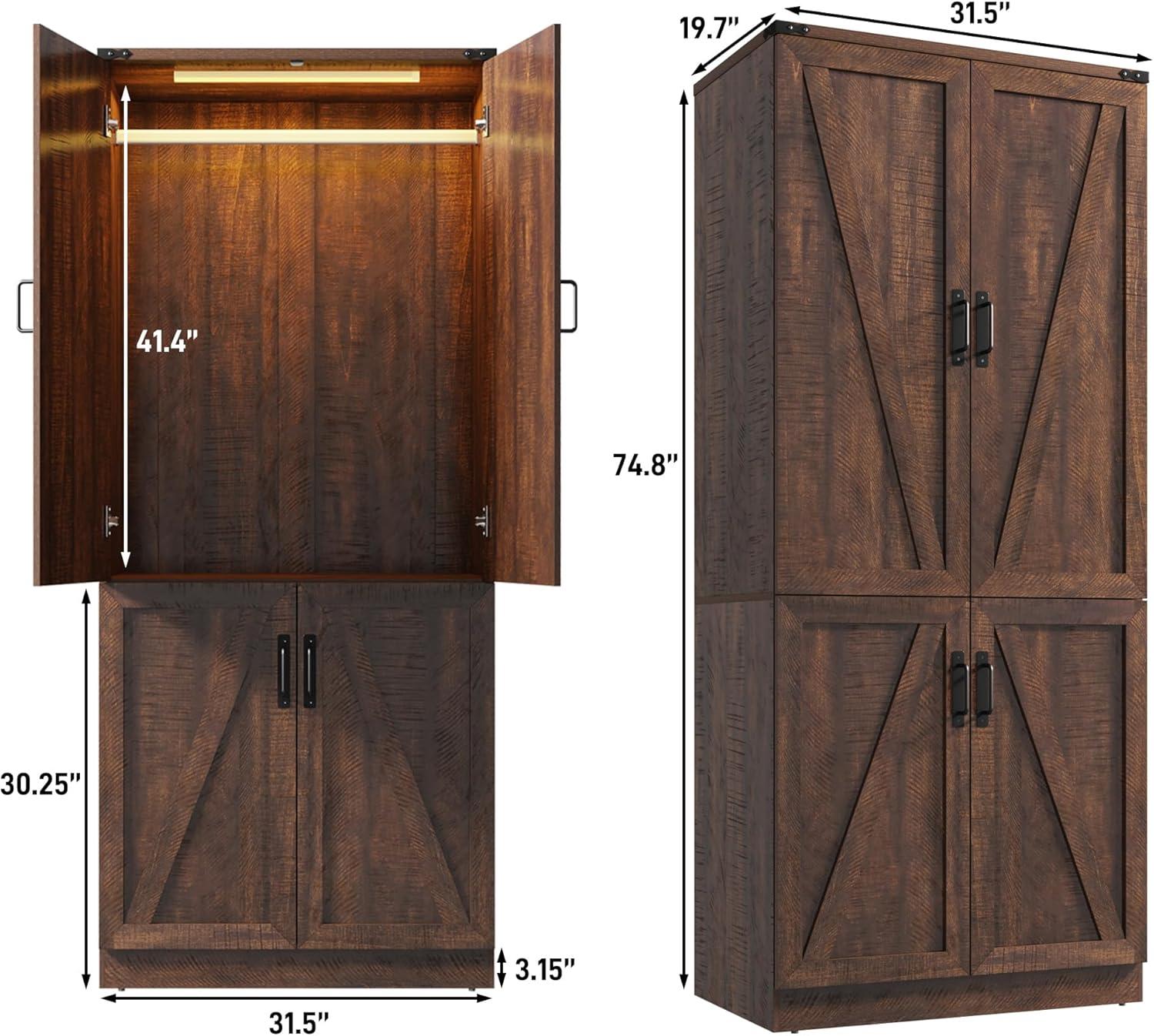 Ivy Bronx 75" Tall Farmhouse 2 Doors Armoire Wardrobe Closet with 3 Drawers and LED,Freestanding Closet