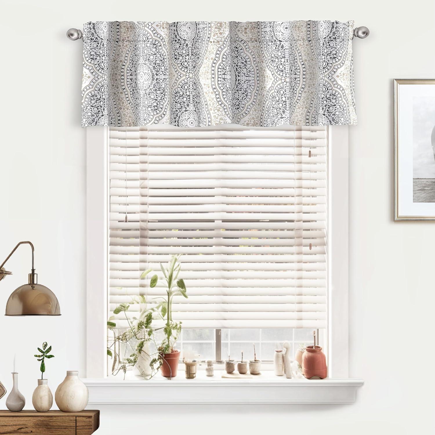 DriftAway Adrianne Damask and Floral Pattern Window Curtain Valance Single 52 Inch by 14 Inch Plus 1.75 Inch Header Beige and Gray