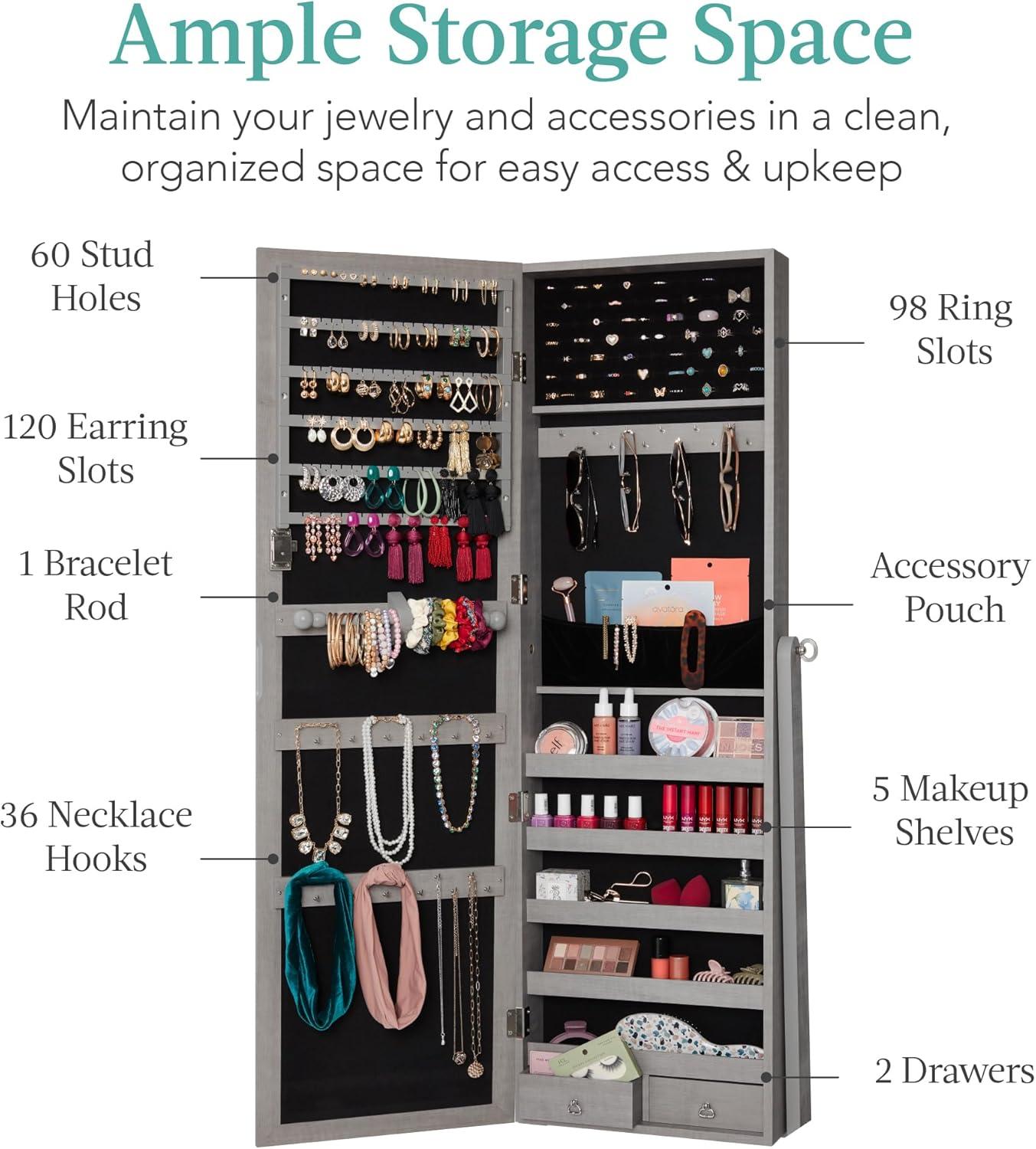 Best Choice Products Jewelry Armoire Cabinet, Full Length Mirror w/ Velvet Storage Interior, Lock - Gray Oak