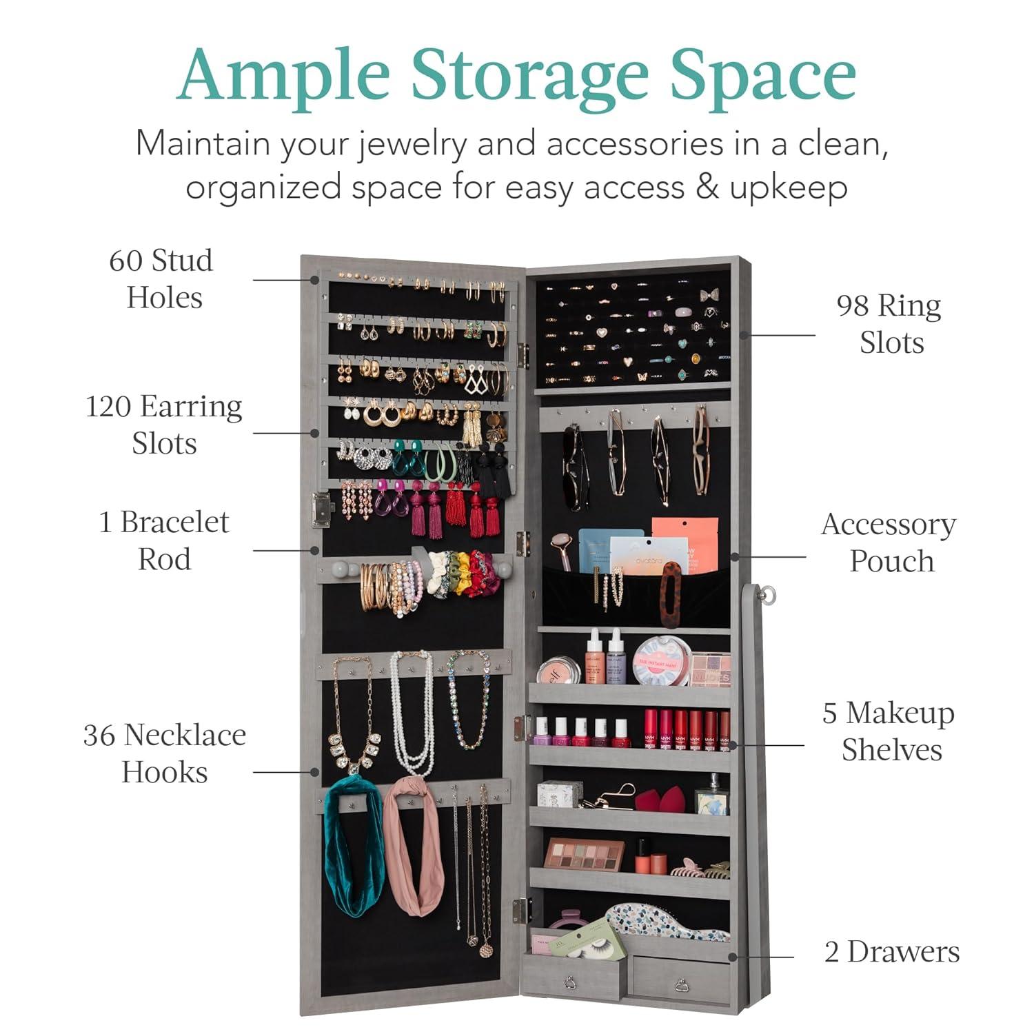 Best Choice Products Jewelry Armoire Cabinet, Full Length Mirror w/ Velvet Storage Interior, Lock - Gray Oak