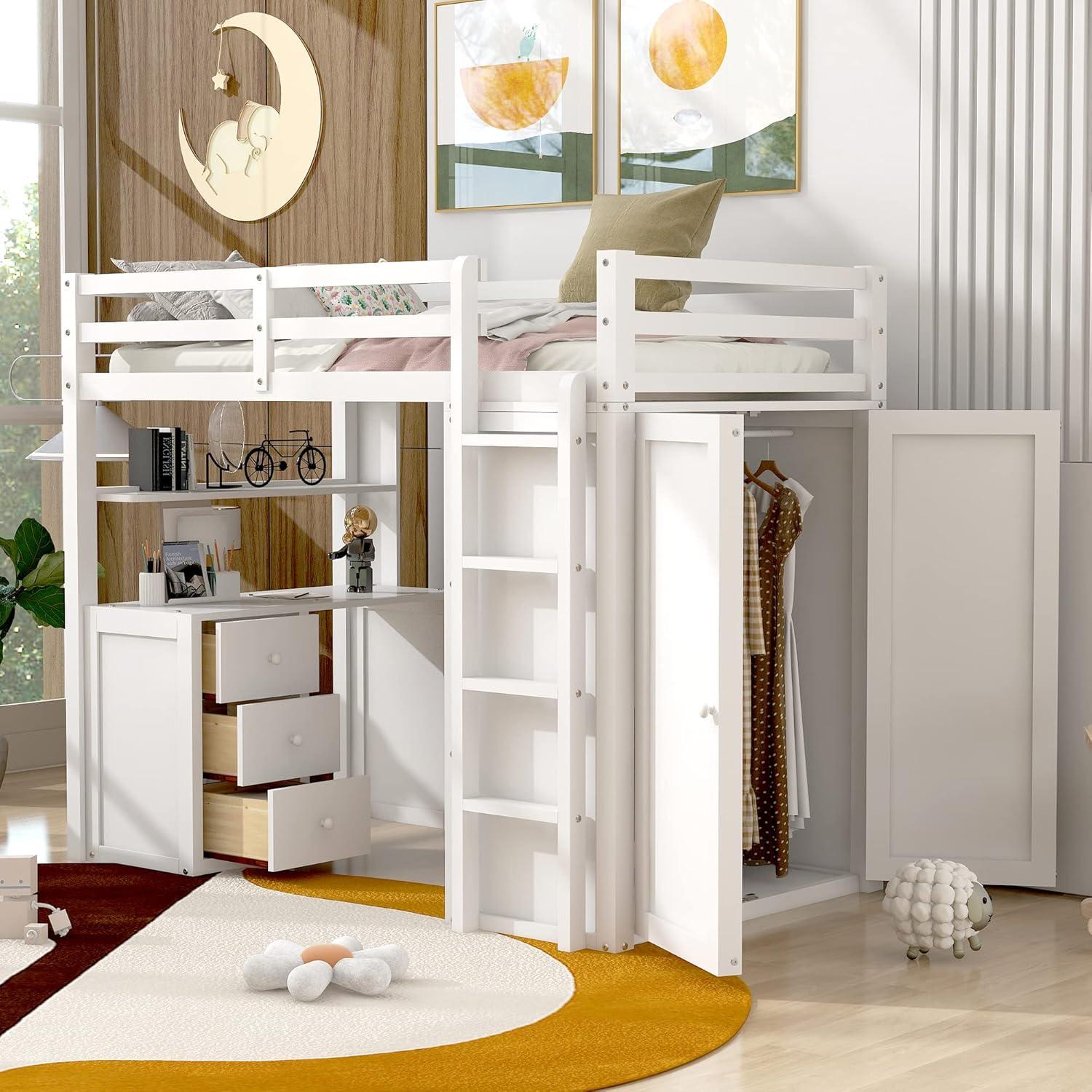 White Twin Loft Bed with Desk, Wardrobe, and Storage Drawers