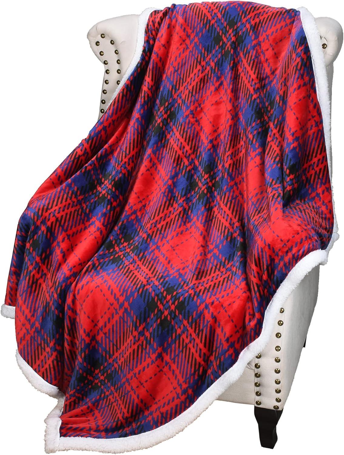 Red Blue Plaid Sherpa Fleece Reversible Throw Blanket, 50x60 inches