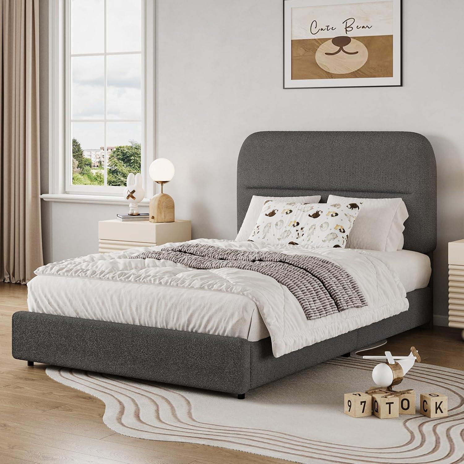 Gray Boucle Upholstered Twin Bed Frame with Headboard