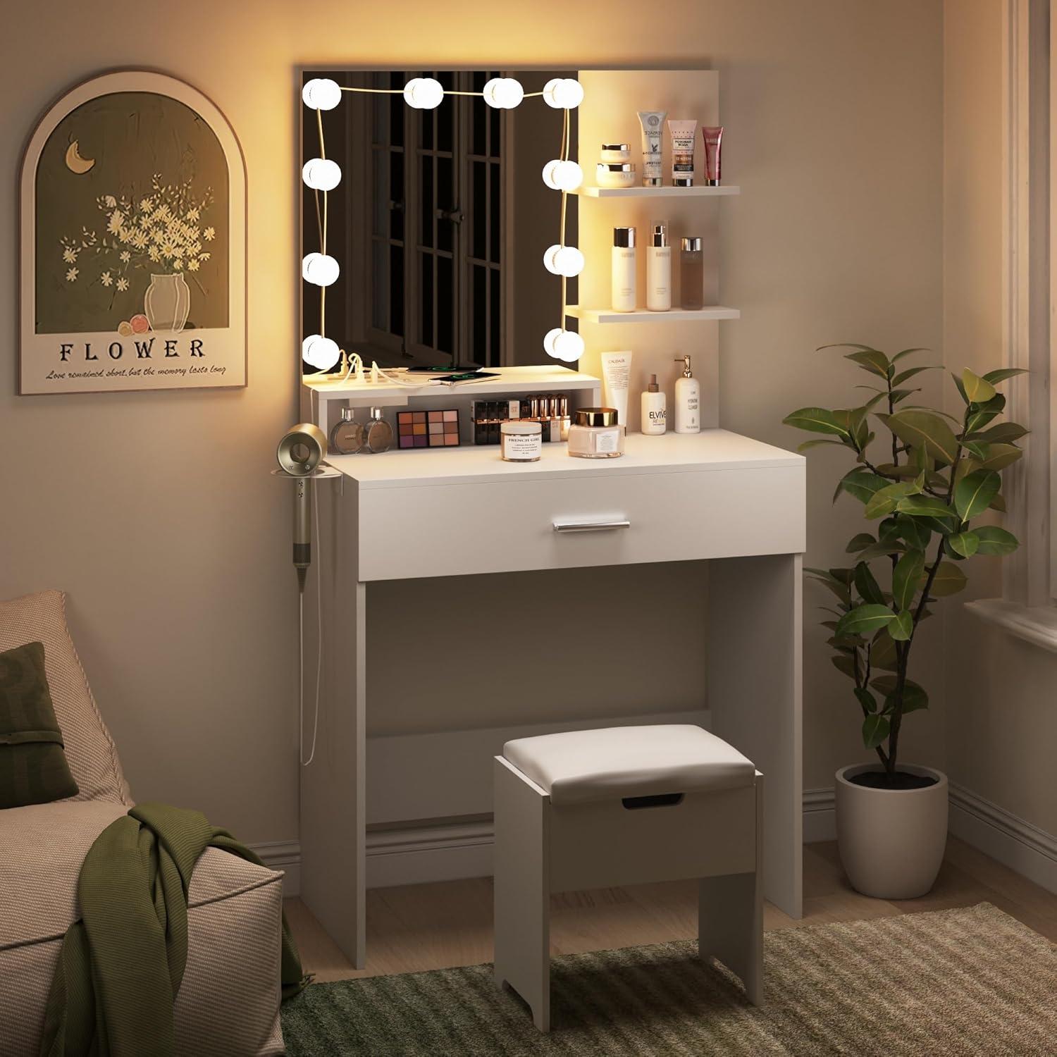 Vabches Small Vanity Desk with Mirror and Lights, Makeup Vanity with Storage Chair & Power Strip,Girl Dressing Table Set with Drawer for Bedroom,3 Lighting Modes,Brightness Adjustable,White