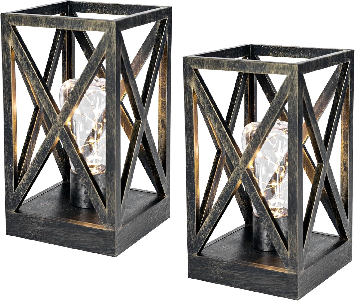 WINGBO 2 Pack Retro Battery Powered Table Lamps, Battery Operated Cordless Lamp Set, Portable Nightlight Decorative Light for Living Room Dining Room Bedroom Entryway Patio, Black & Gold Finish