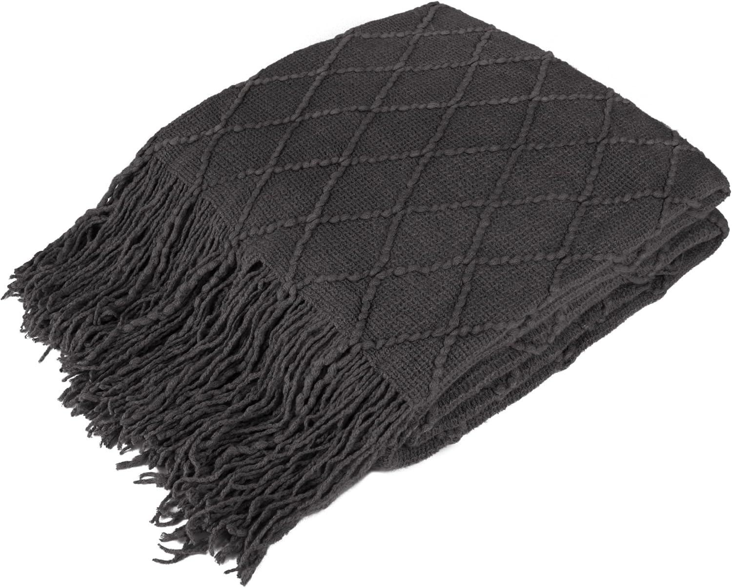 Charcoal Gray Knitted Fringe Throw Blanket for Couch