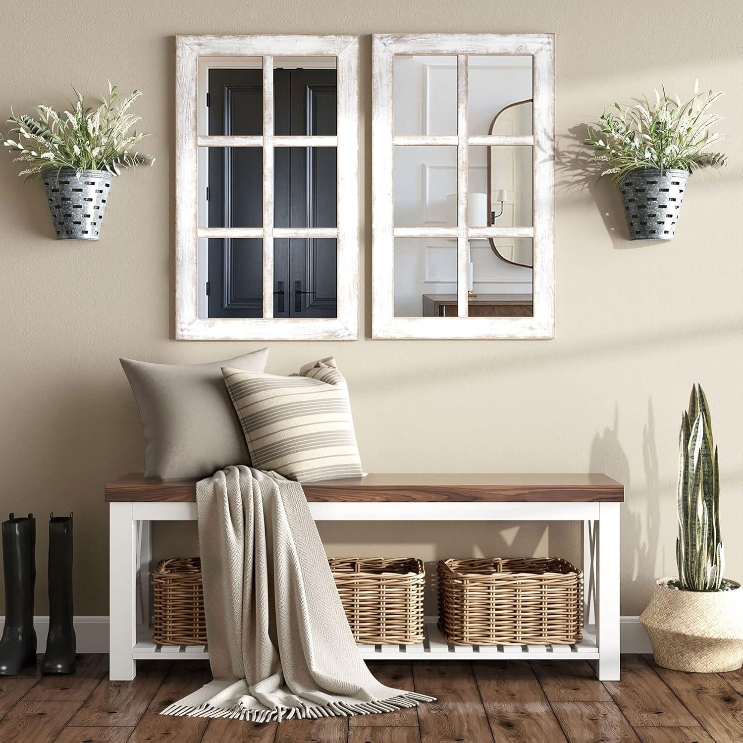 Whitewashed Rectangular Wood Windowpane Wall Mirror