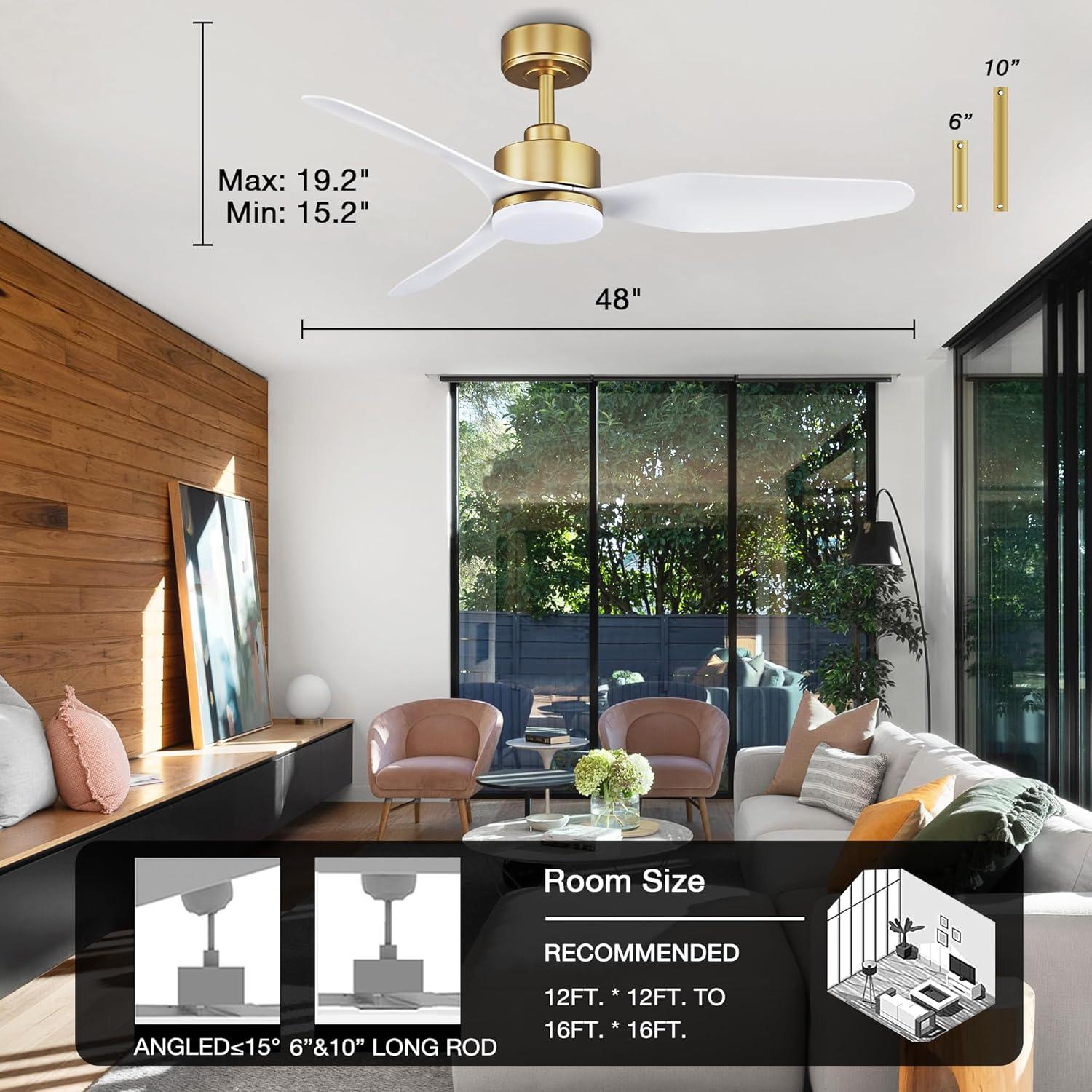 48 Inch Smart Ceiling Fans with Lights and Remote Control,Dimmable LED Light,Outdoor Indoor Gold White Ceiling Fan,Quiet DC Motor,WIFI Alexa App Workable,for Modern Bedroom Living Room Patio