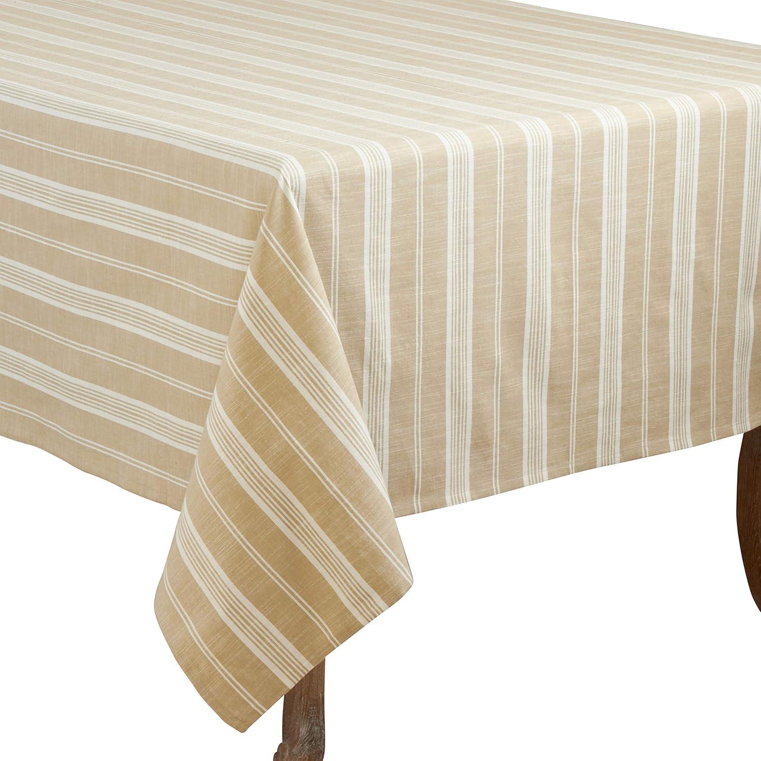 70" Cotton Striped Design Tablecloth Beige - Saro Lifestyle