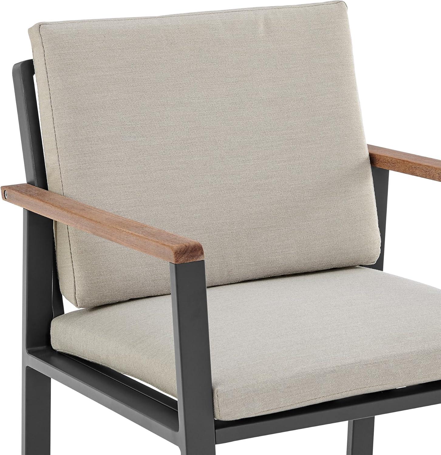 Armen Living Nofi Outdoor Patio Dining Chair in Charcoal Finish with Taupe Cushions and Teak Wood Accent Arms  - Set of 2