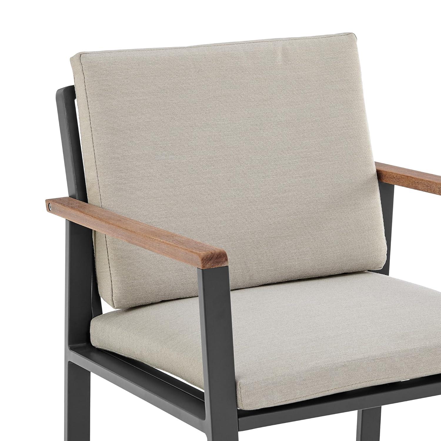 Armen Living Nofi Outdoor Patio Dining Chair in Charcoal Finish with Taupe Cushions and Teak Wood Accent Arms  - Set of 2