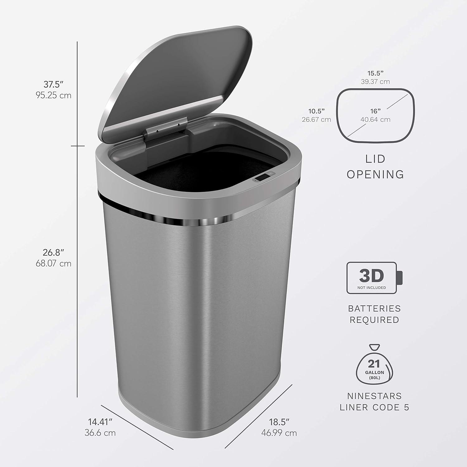 Nine Stars 21gal Motion Sensor Oval Shape Stainless Steel Trash Can Silver: Fingerprint-Resistant, Quiet Closing Lid