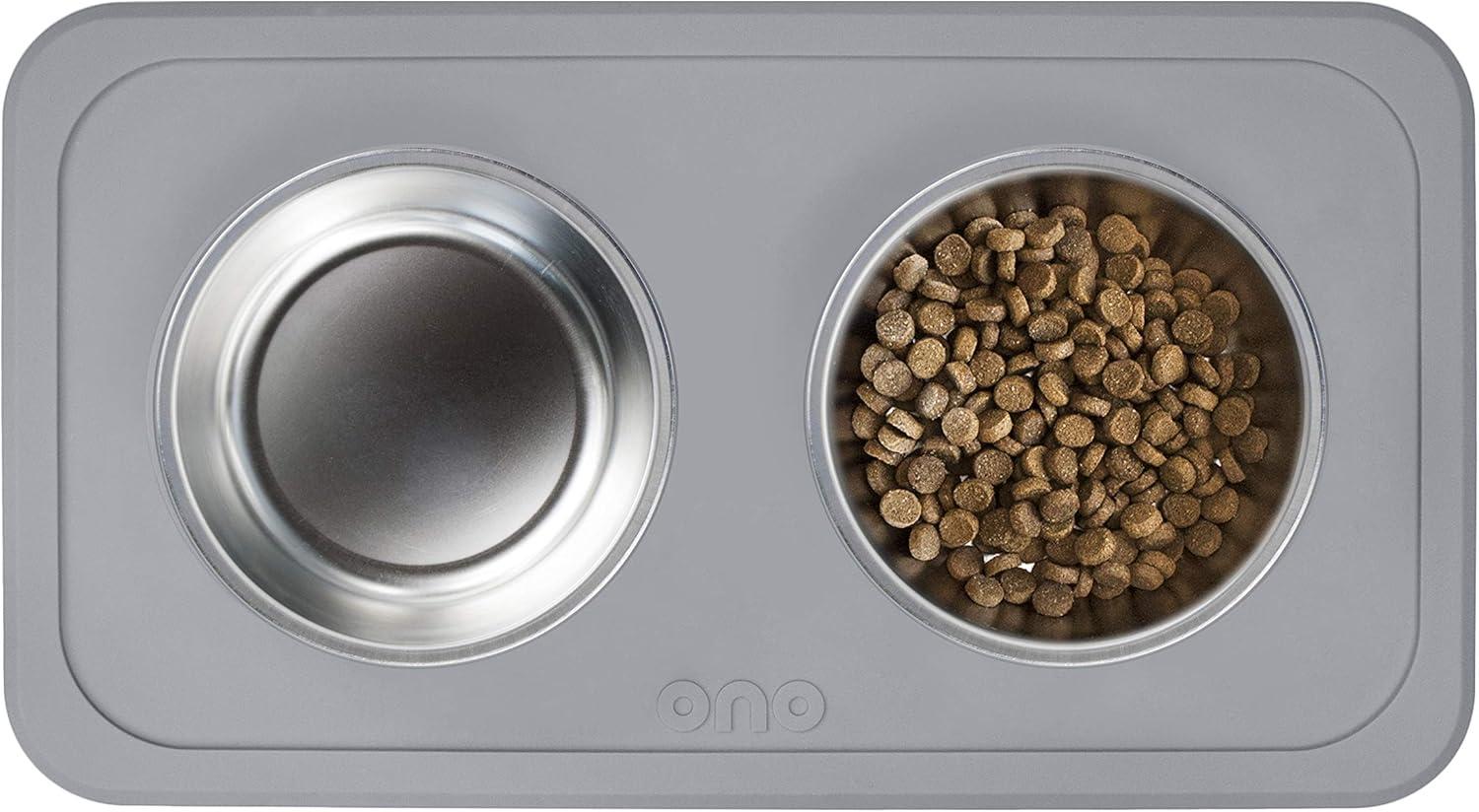 Ono Good Bowl Food & Water Double Feeder - Small to Medium Pets No Spill Non Skid Silicone Mat & Stainless Steel Bowl for Dogs or Cats (Charcoal)