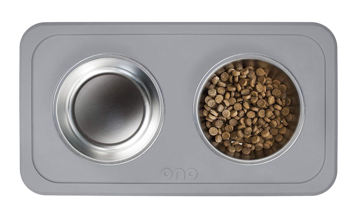 Ono Good Bowl Food & Water Double Feeder - Small to Medium Pets No Spill Non Skid Silicone Mat & Stainless Steel Bowl for Dogs or Cats (Charcoal)