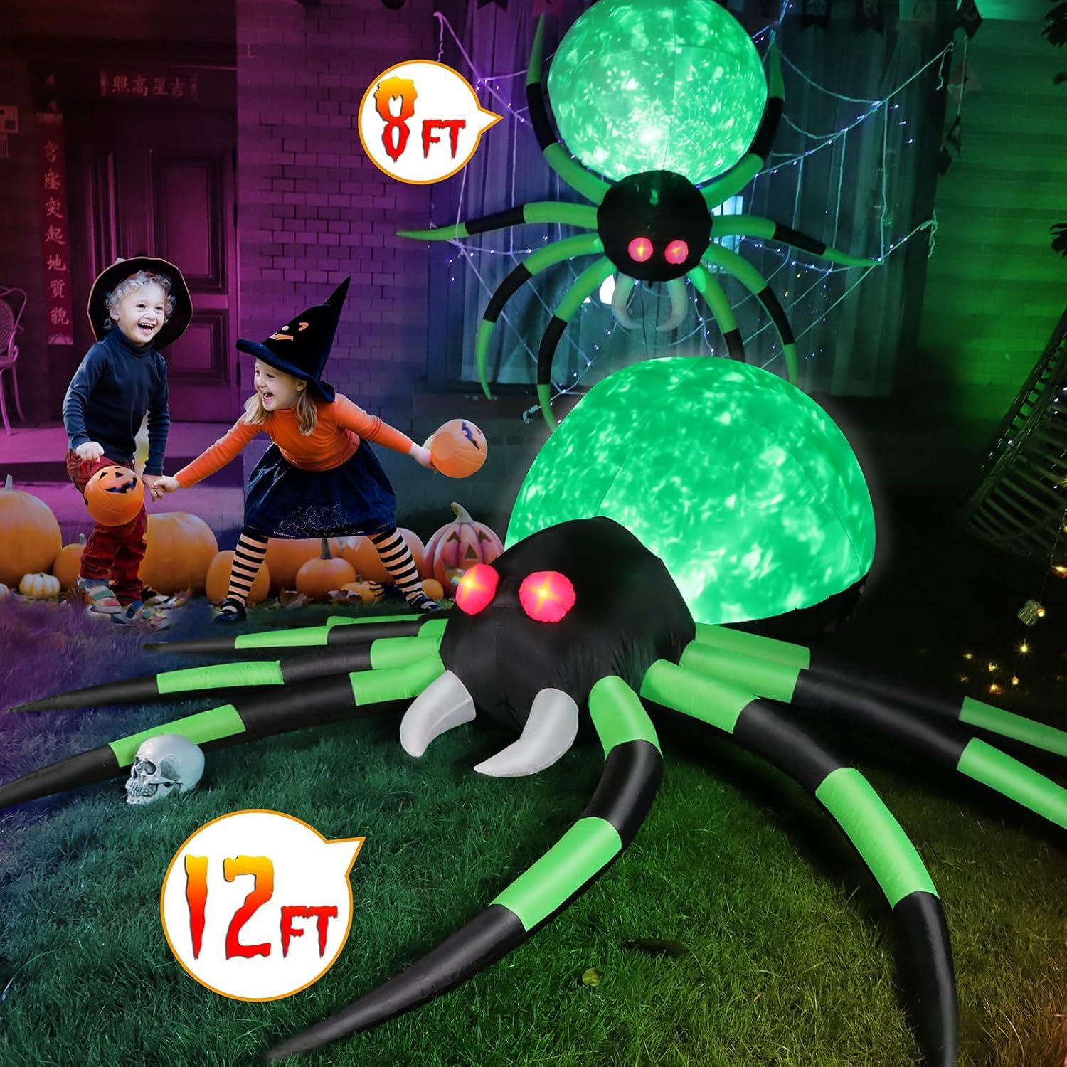 12FT Green and Black Inflatable Halloween Spider with LED Lights