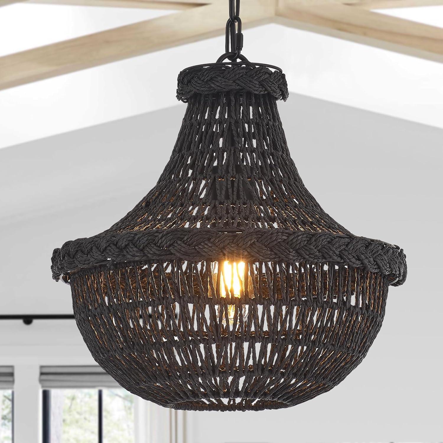19.69" Boho Black Rattan Chandelier Vintage 4-Lights Farmhouse Hand-Woven Bamboo Basket Chandelier Light Fixture Rustic Wicker Rattan Chandeliers for Dining Room, Kitchen, Living Room