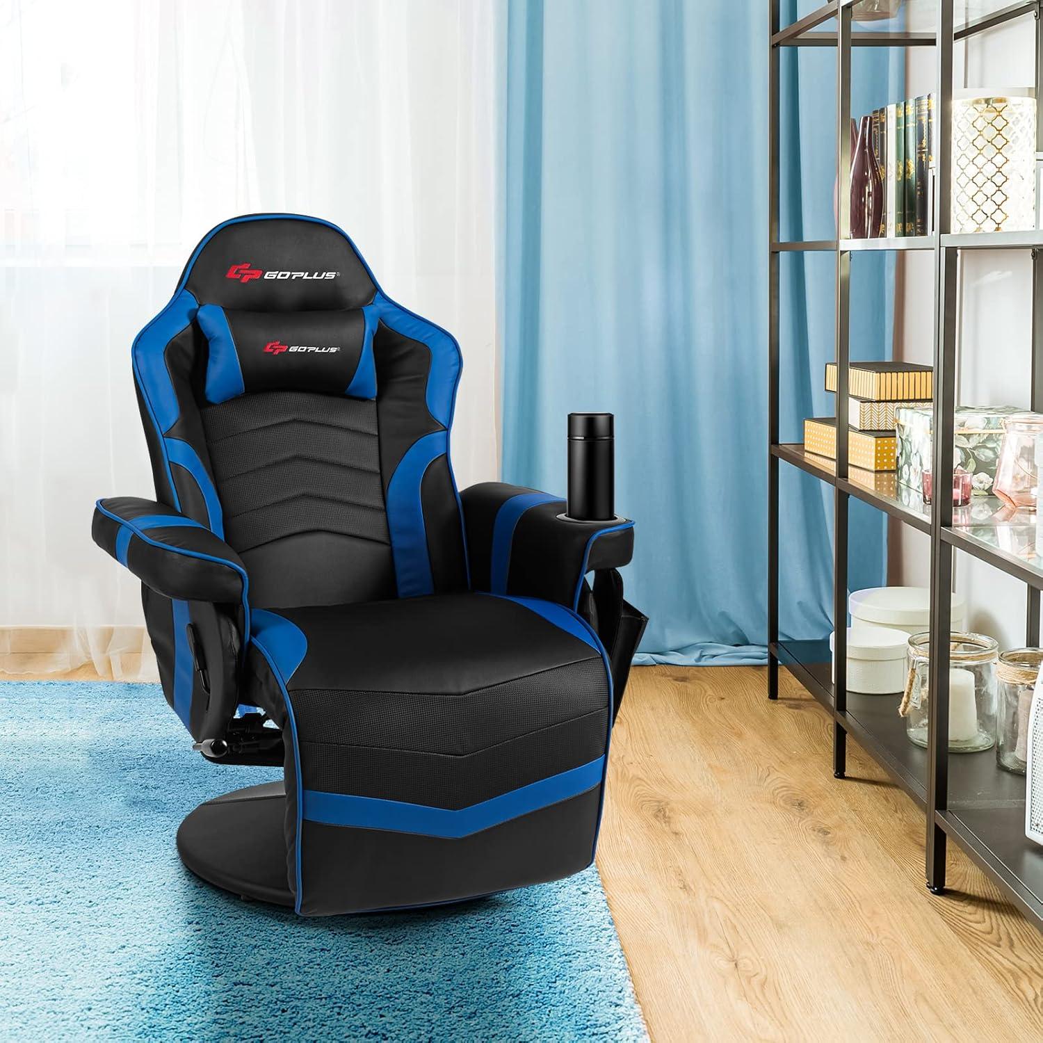 Costway Massage Gaming Recliner Reclining Racing Chair Swivel Blue