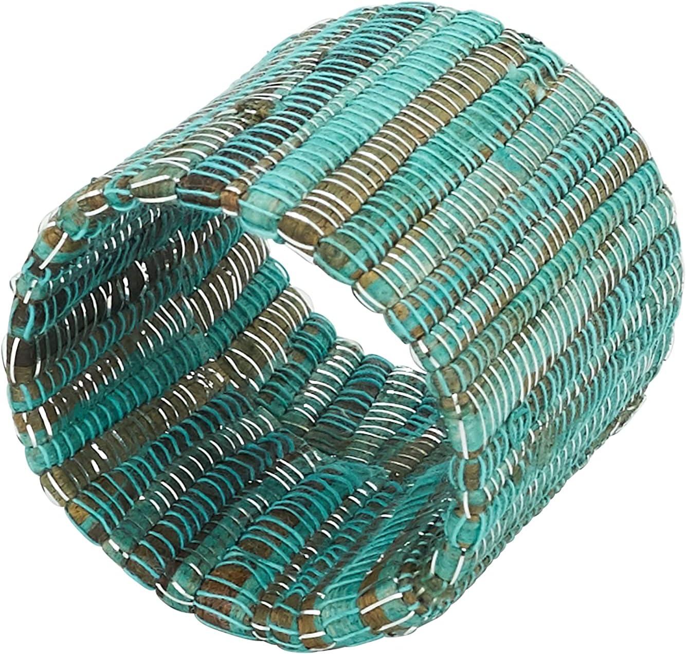 Saro Lifestyle Napkin Rings With Shimmering Woven Nubby Design (Set of 4), Turquoise, 1.5"