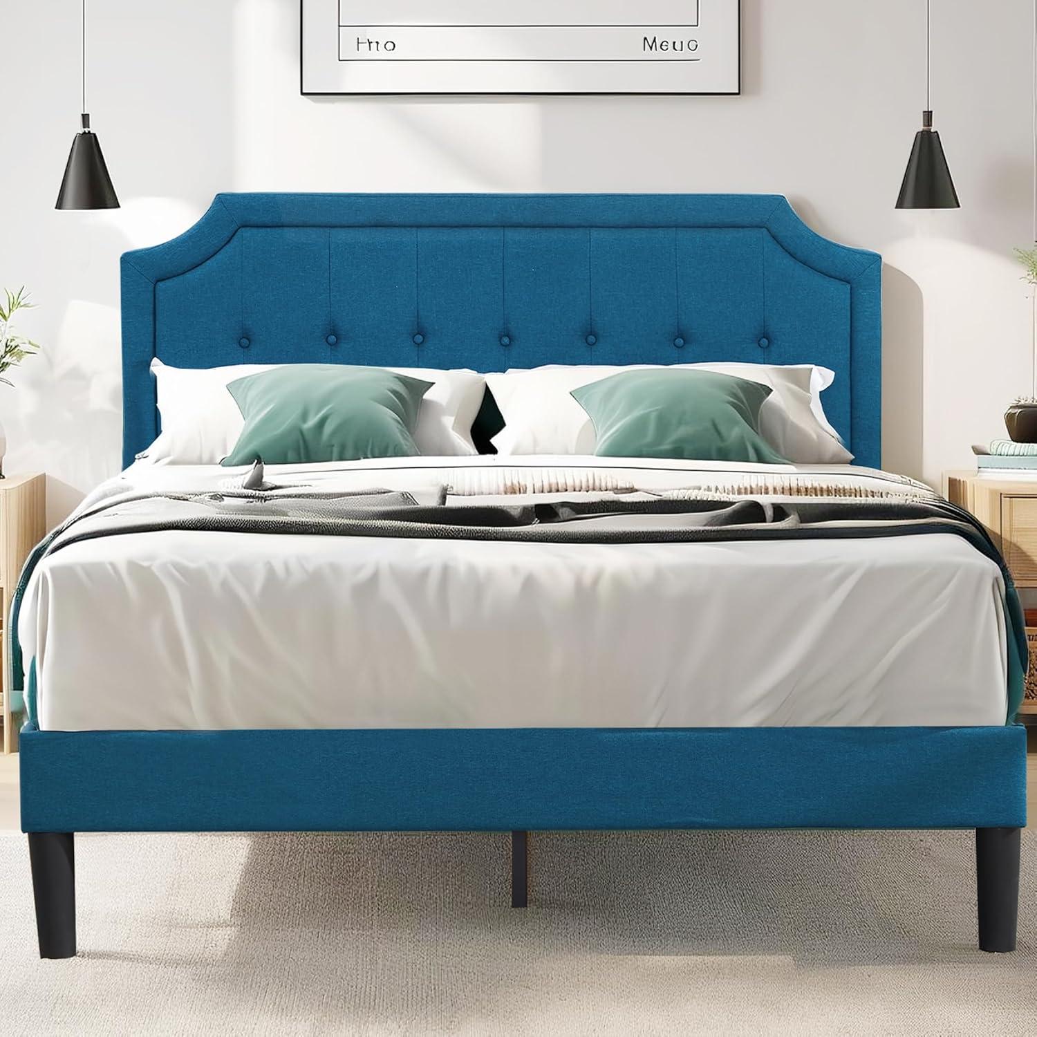VECELO Queen Size Platform Bed Frame with Fabric Upholstered Headboard and Wooden Slats Support, No Box Spring Needed/Easy Assembly,Beige