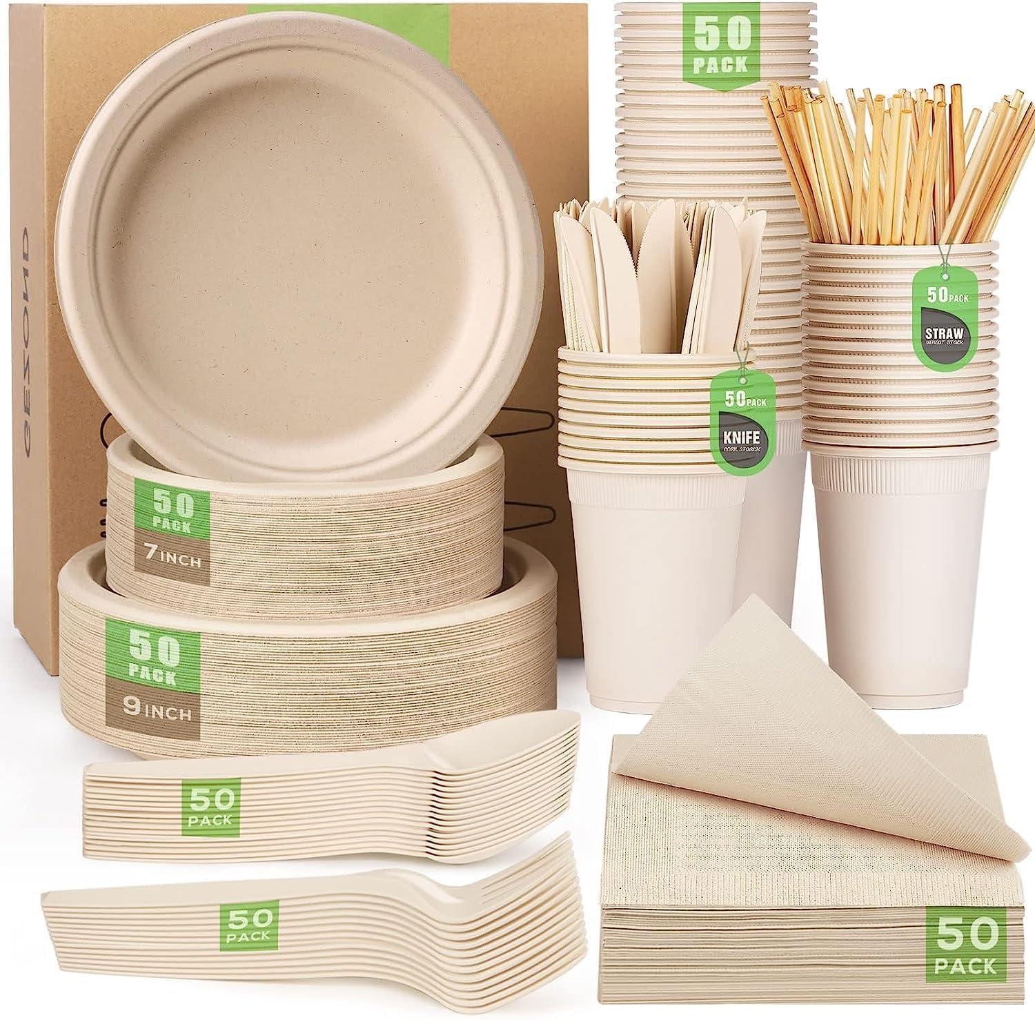 Gezond 400pcs Compostable Paper Plates Set, Eco-Friendly Disposable Paper Plates and Cutlery- Biodegradable Plates Forks Knives Spoons Cups Straws and Paper Napkins, 50 Guests