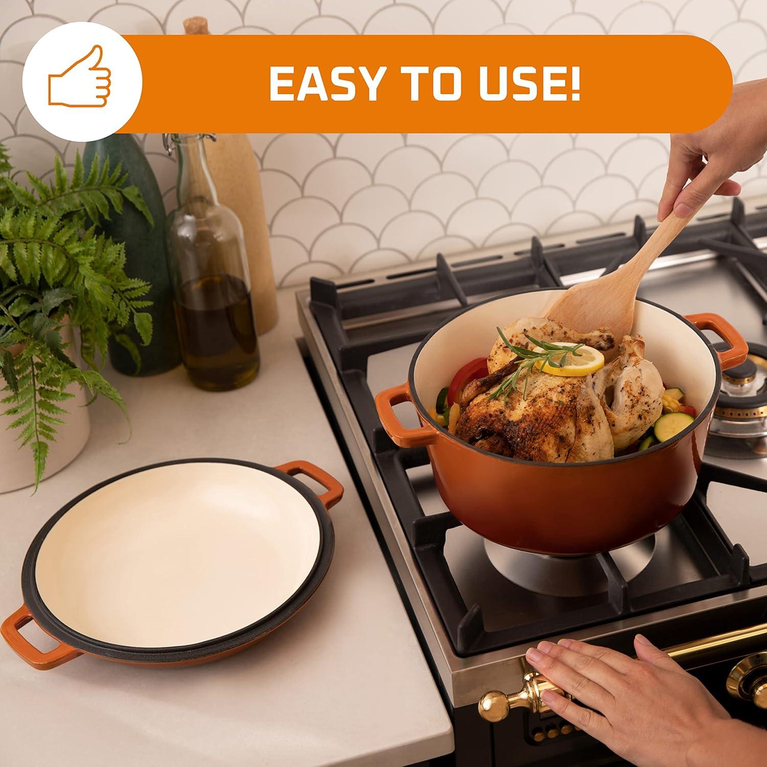 Bruntmor | 2 In 1 Enameled Cast Iron Double Dutch Oven Skillet Lid 5-Quart | 1