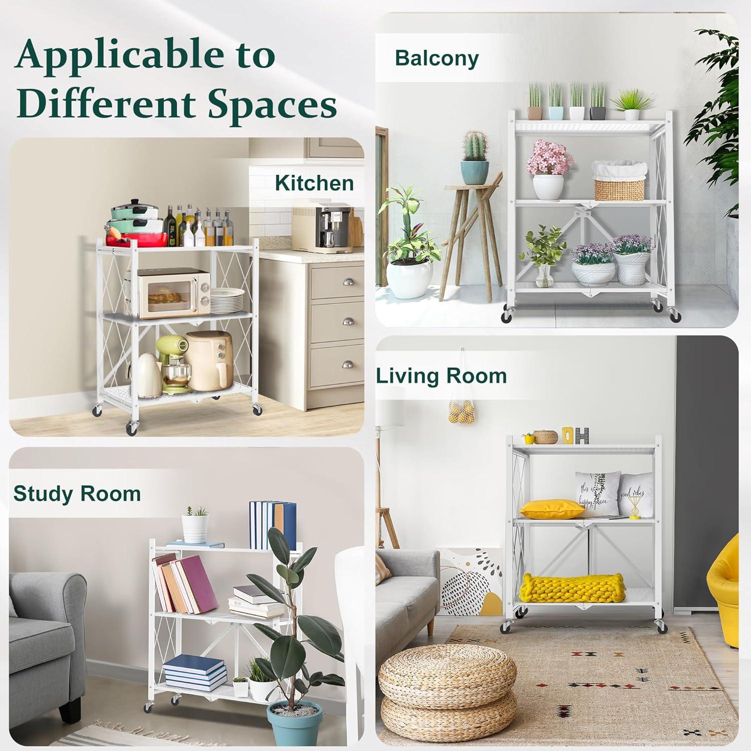 3-Tier Storage Shelves with Wheels, Folding Bookshelf No Assembly, Metal Display Shelf for Balcony, Kitchen, Basement, Pantry, White