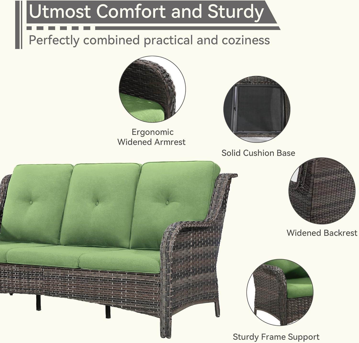 3-Seat Wicker Outdoor Patio Sofa Sectional Couch with Green Cushions