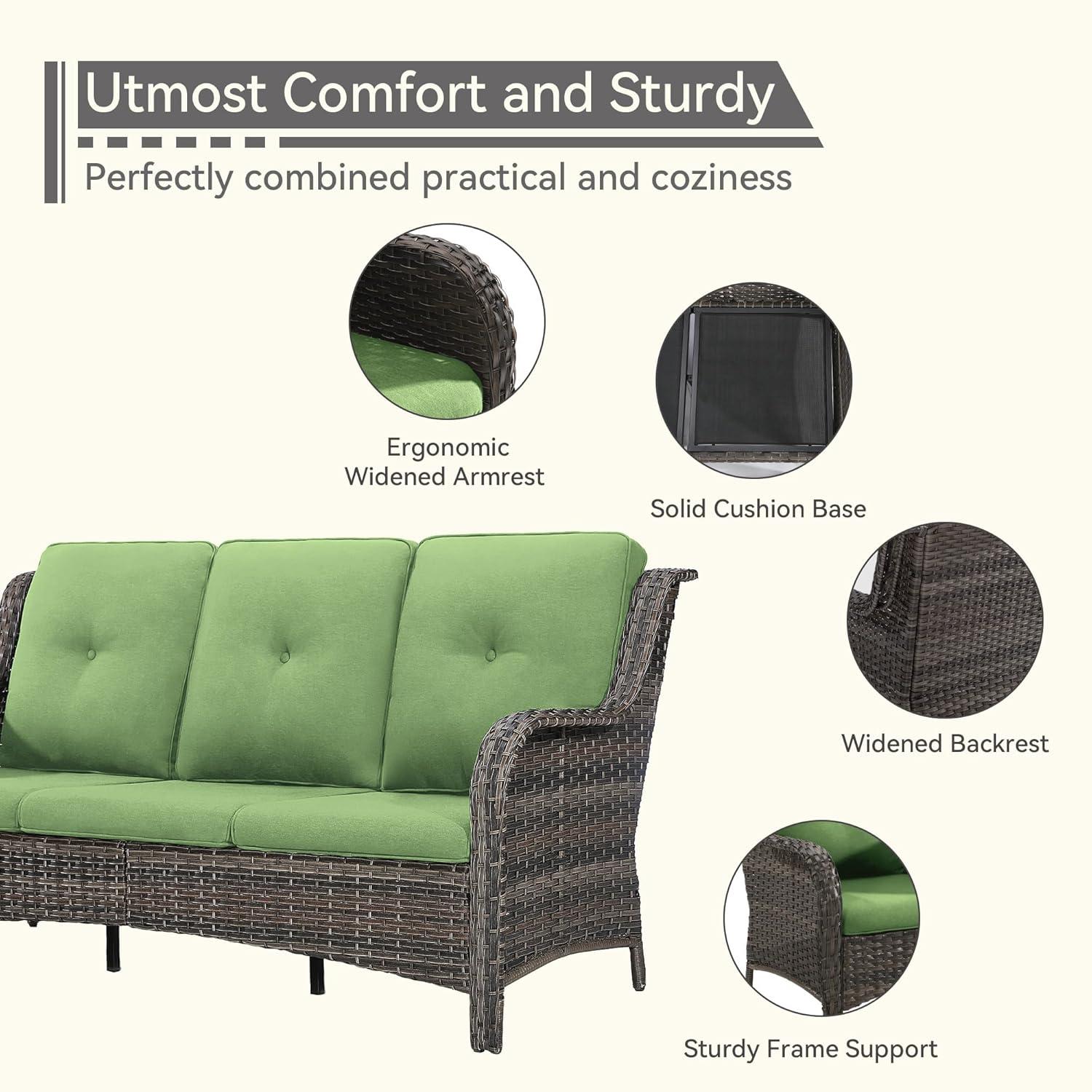 3-Seat Wicker Outdoor Patio Sofa Sectional Couch with Green Cushions