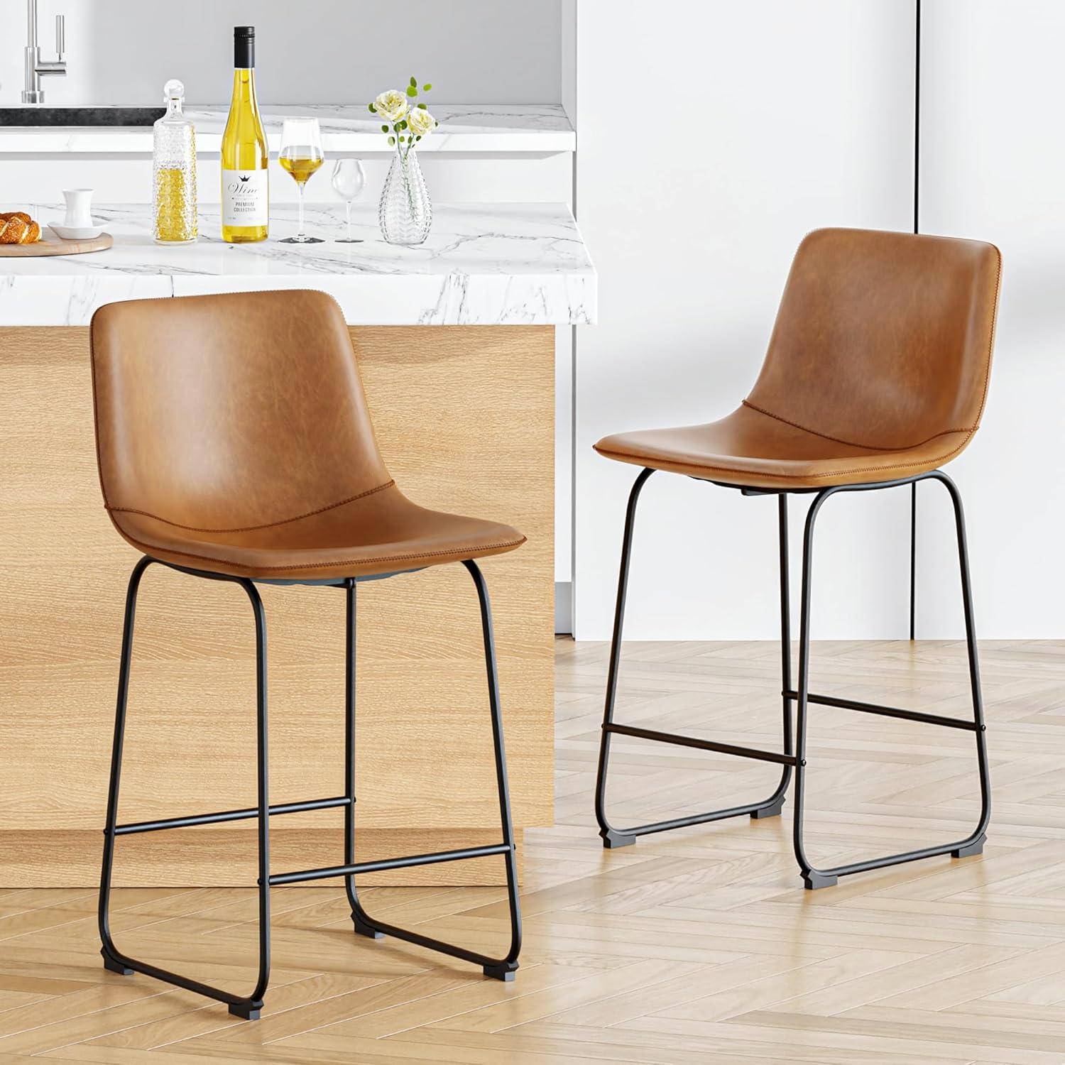 WM 26 inch Counter Height Bar Stools Set of 4, Modern Faux Leather High Barstools with Back and Metal Leg, Bar Chairs for Indoor & Outdoor, Brown