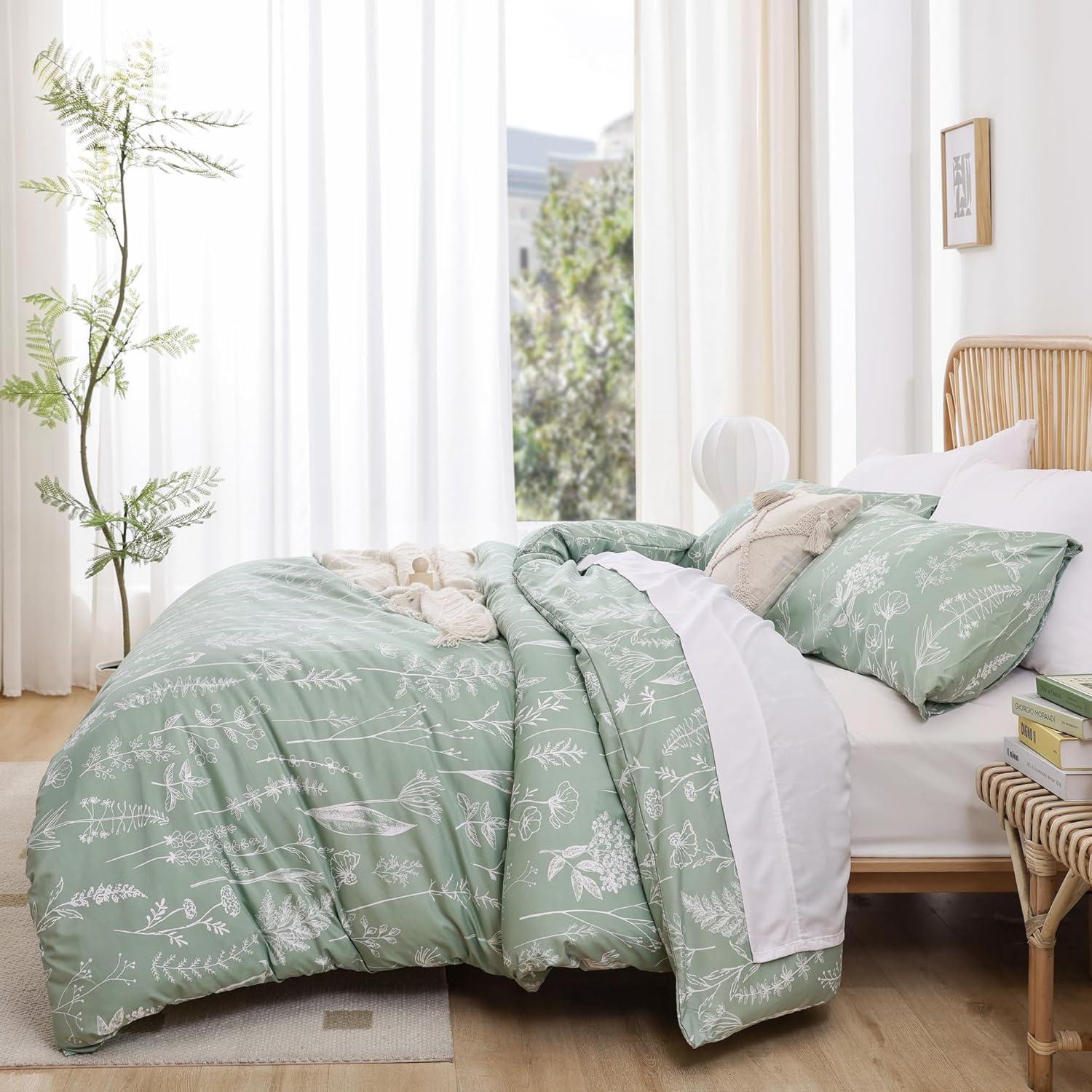 2 Pcs Floral Printed Reversible Sage Green Comforter Set Twin/Twin XL Size Soft Designed Plants Pattern Bedding Set - Bedsure