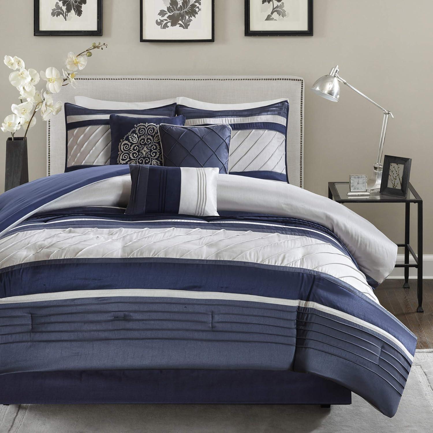 Navy Microfiber 7-Piece Queen Comforter Set with Decorative Pillows