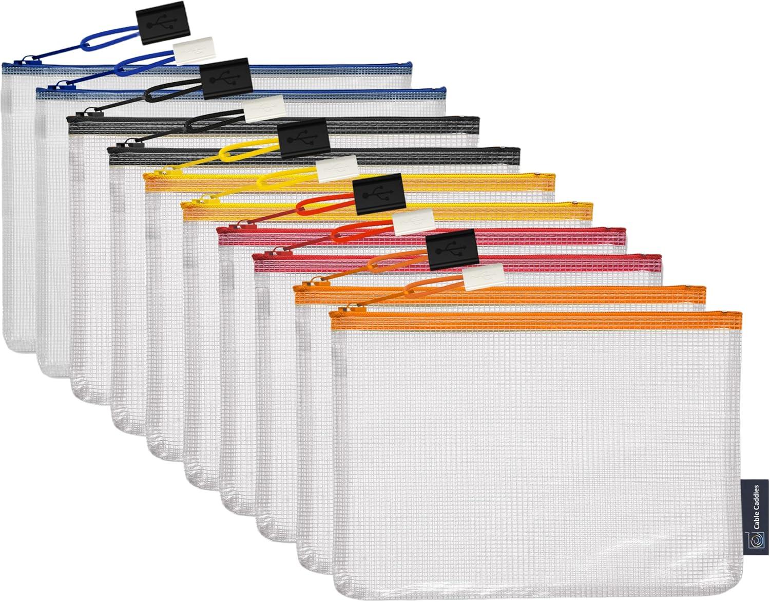 Color Coded Mesh USB Cable Organizer Pouches with Zipper Pulls