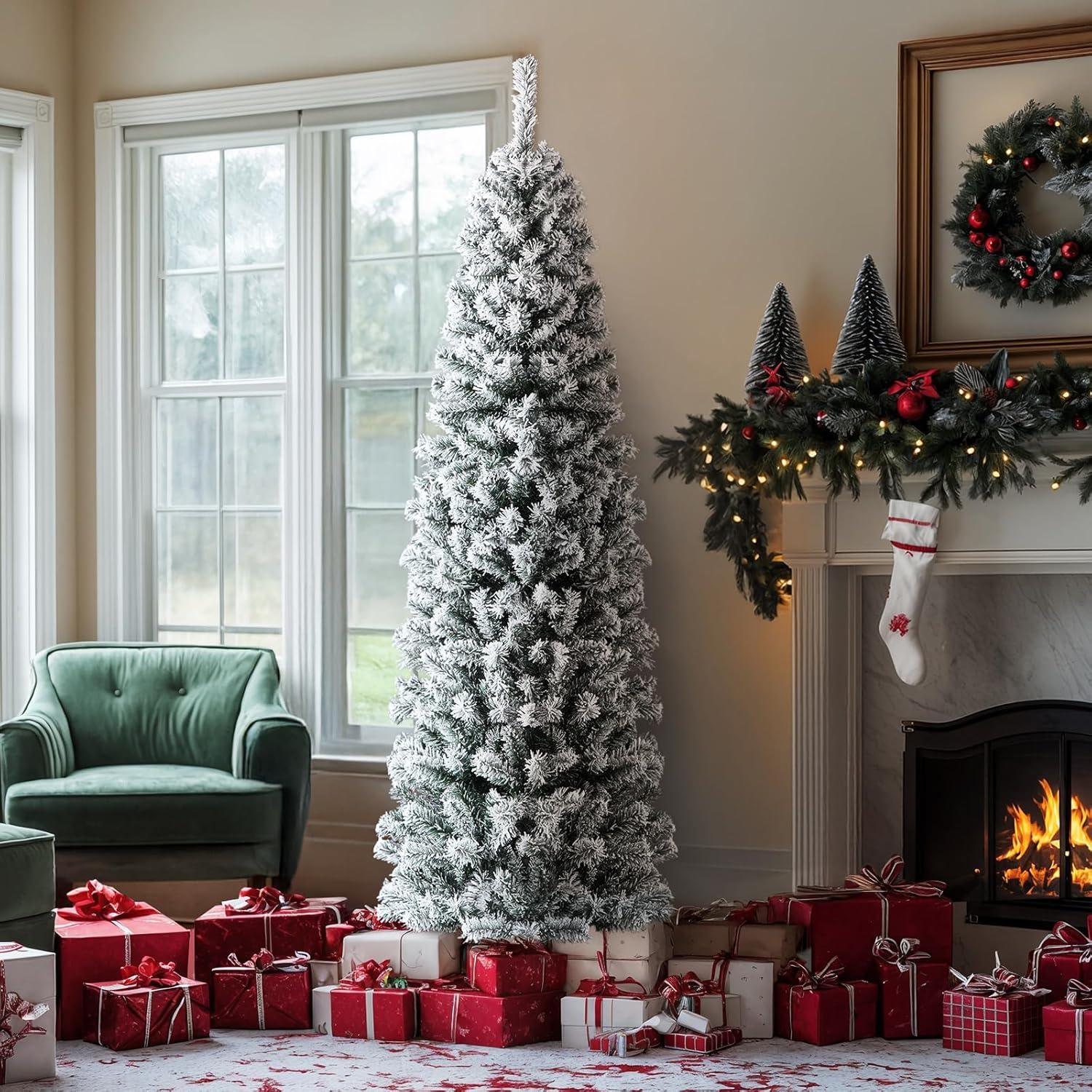 OasisCraft Un-lit 6.5Ft Snow Flocked Artificial Pencil Christmas Tree, Hinged Snowy Slim Xmas Tree Outdoor for Festive Holiday Decoration Metal Stand