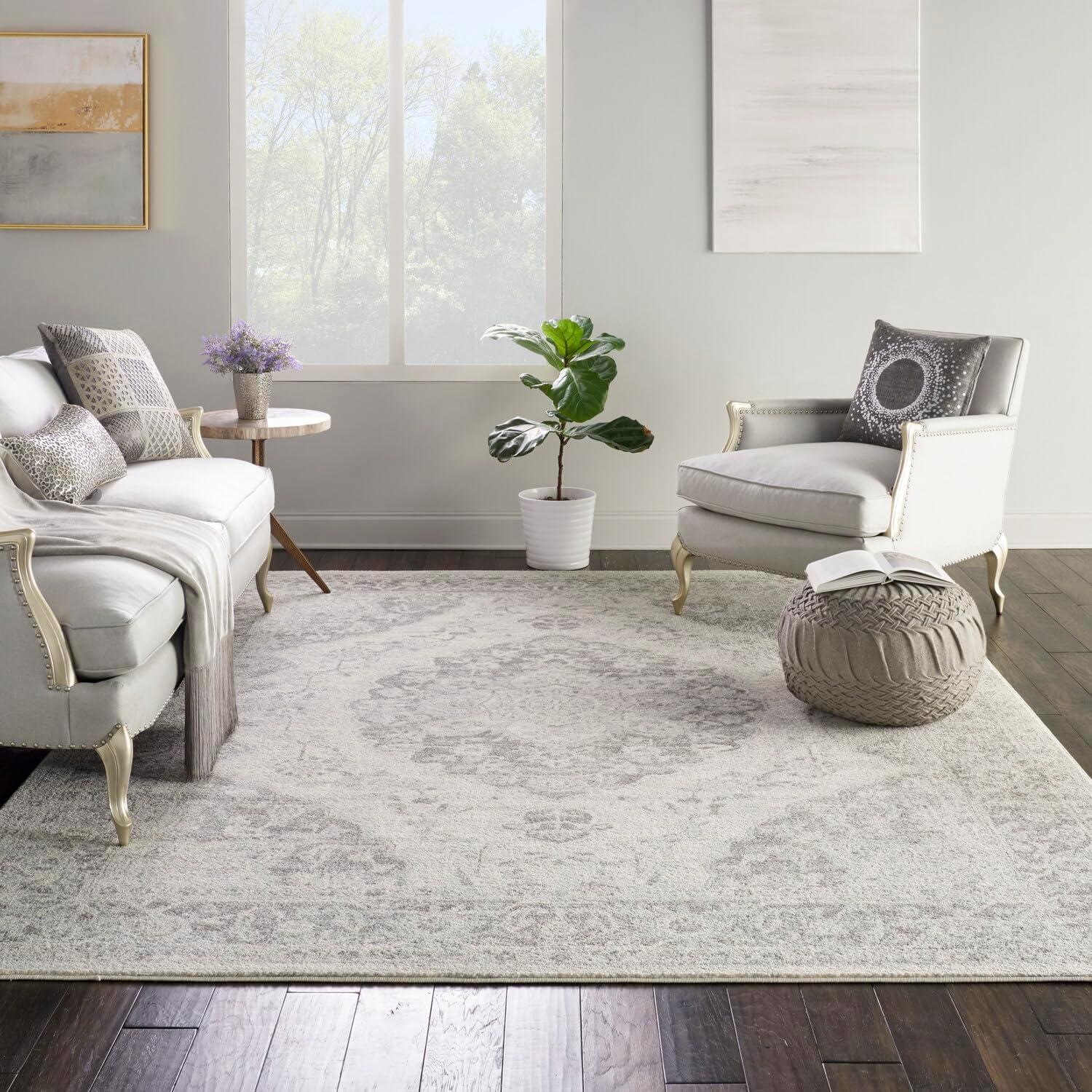 Ivory and Grey Synthetic Rectangular 6' x 9' Area Rug