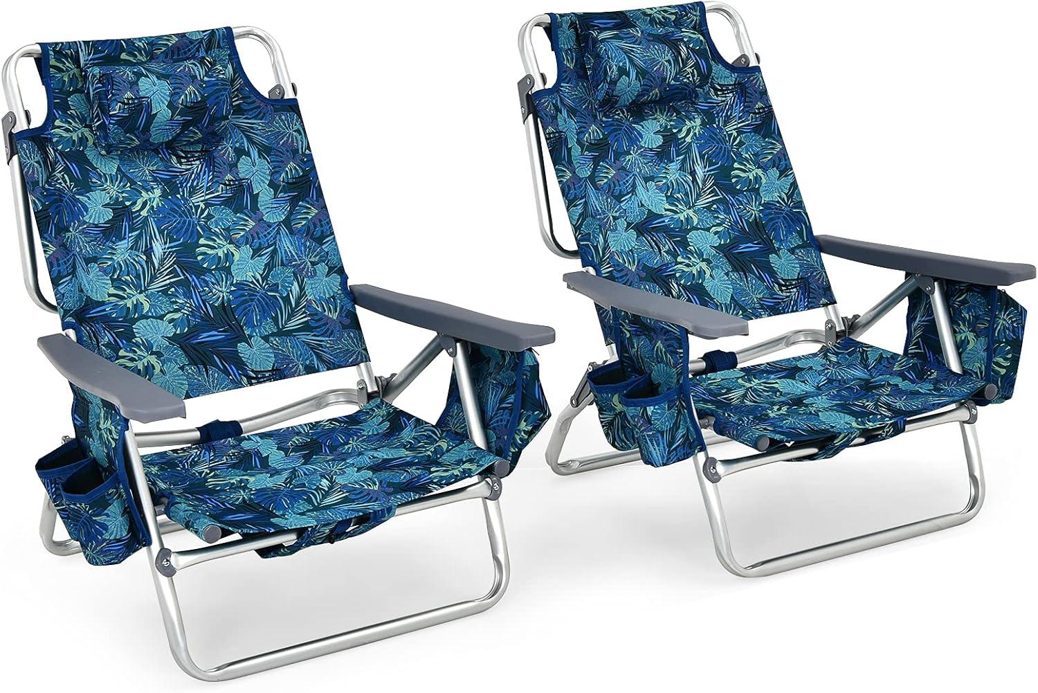 Topcobe 2-Pack Folding Backpack Beach Chair 5-Position Outdoor Reclining Chairs with Pillow, Foldable Outdoor Patio Chair for Deck, Backyard, Navy