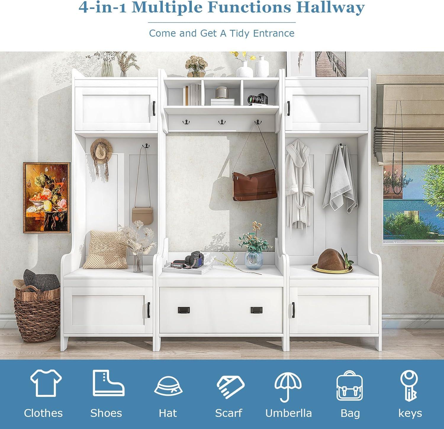 Hall Tree with Bench and Shoe Storage, 4 In 1 Entryway Bench with Coat Rack and 4 Cabinet, Mudroom Bench with 7 Double Hooks, 2 Open Shelves and 1 Drawer Entryway (White, 78.7"L x 15"W x 72"H)