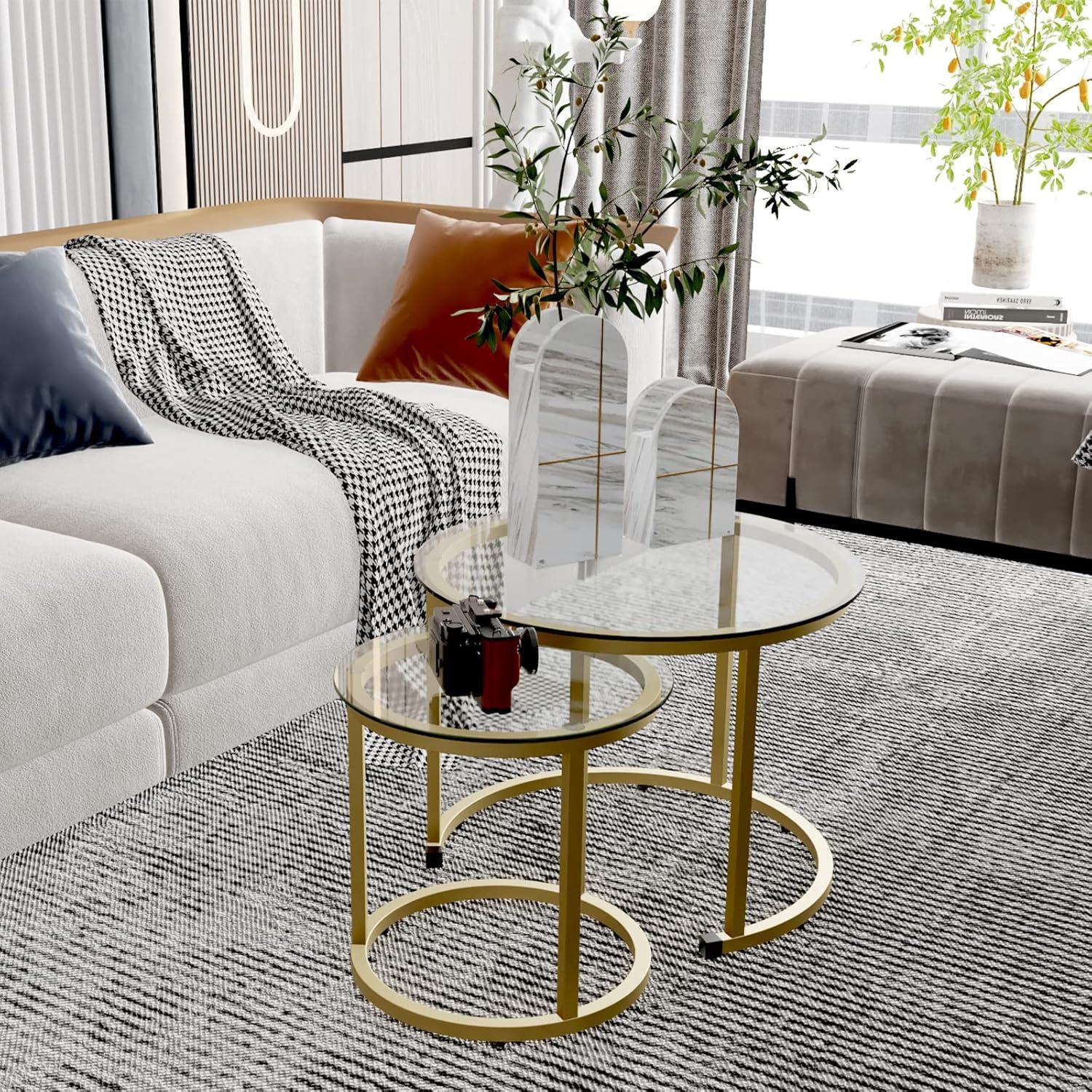 Gold Round Glass Nesting Coffee Table Set with Metal Frame