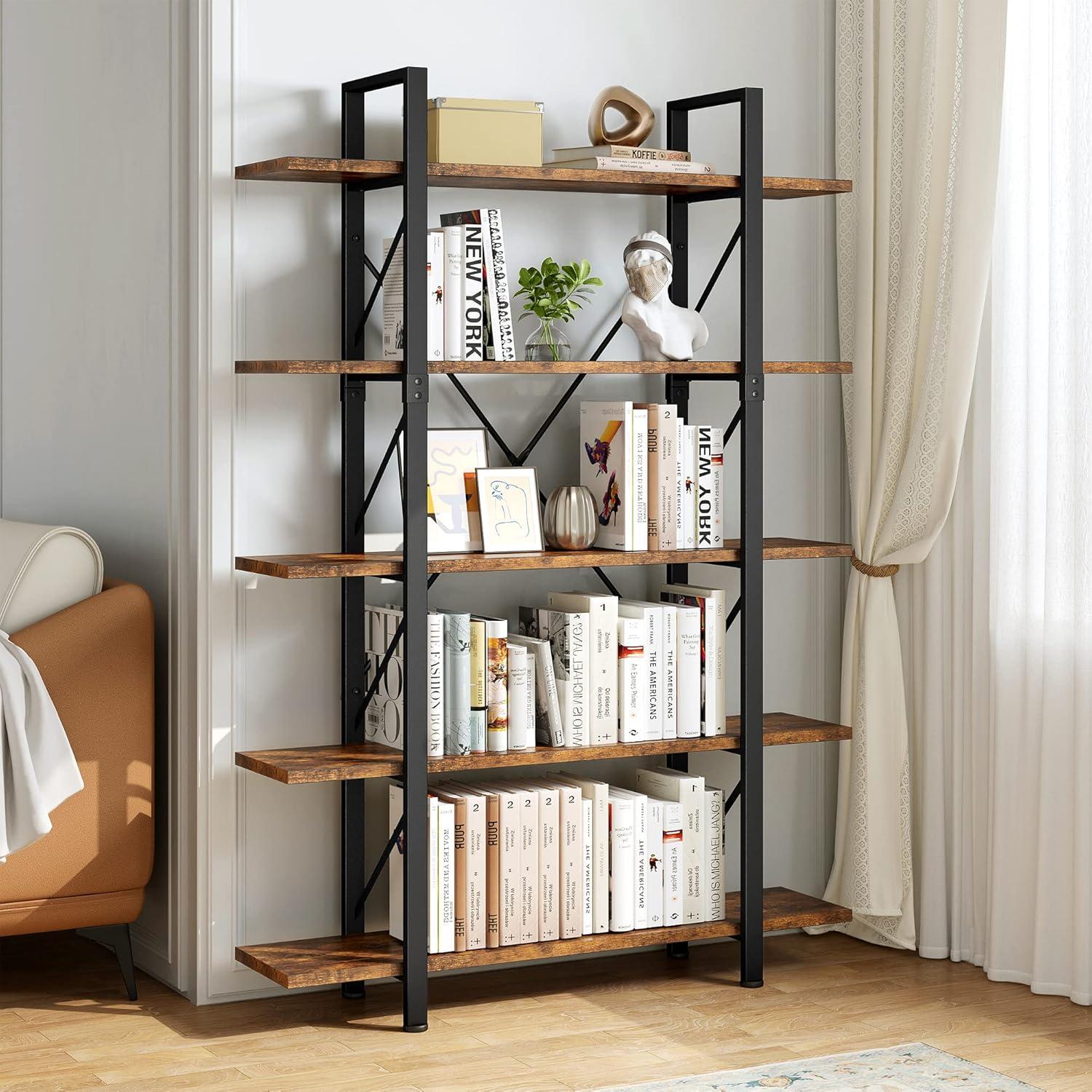 Jacgood Industrial 5 Tier Bookshelf, 70" Tall Freestanding Open Book Shelf, Heavy Duty Large Wide Display Shelves Metal Bookcase for Home Office, Living Room,Bedroom