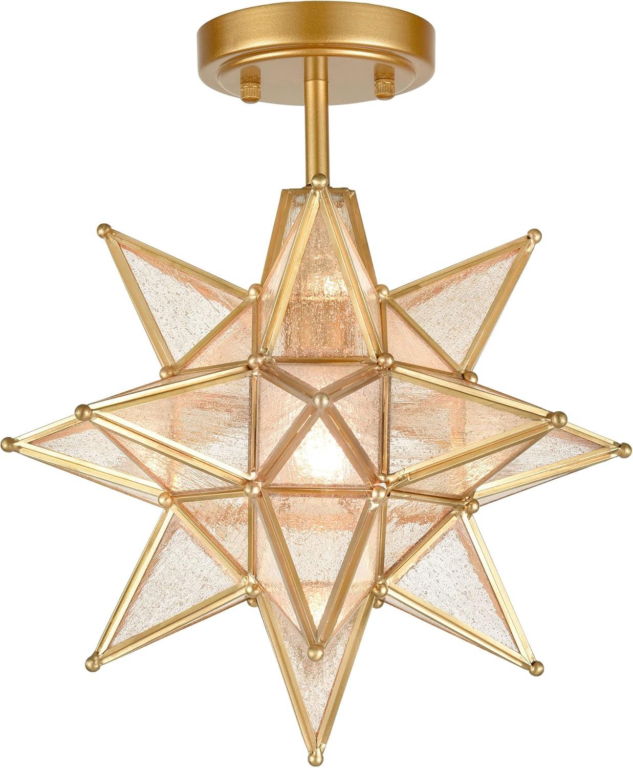 TANMAO  10-Inch Moravian Star Ceiling Light, Boho Moroccan Lamp with Seeded Glass Shade, Moravian Star Ceiling Light Modern Brass Flush Mount Lights for Office, Living Room, Dining Room, Kitchen
