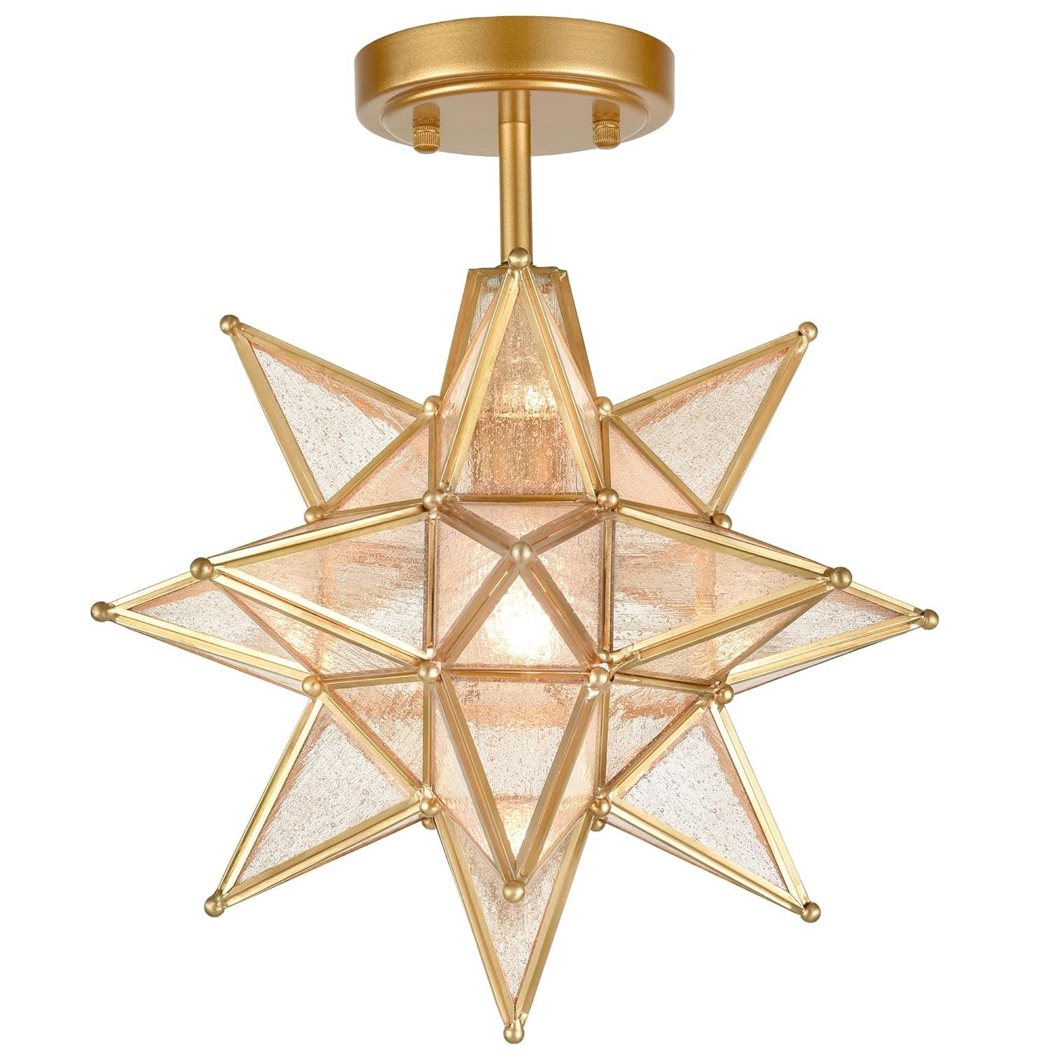 TANMAO  10-Inch Moravian Star Ceiling Light, Boho Moroccan Lamp with Seeded Glass Shade, Moravian Star Ceiling Light Modern Brass Flush Mount Lights for Office, Living Room, Dining Room, Kitchen