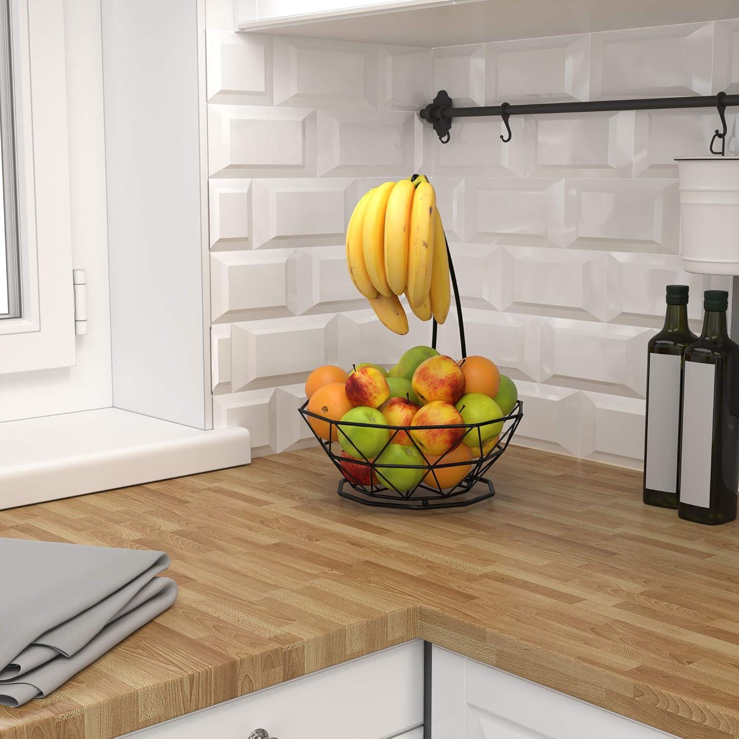 Fruit Basket with Banana Hanger and Fruit Bowl. Kitchen Counter Fruit Bowl with Banana Holder used as Bread, Vegetable or Produce Basket, Egg Holder, 2 Tier